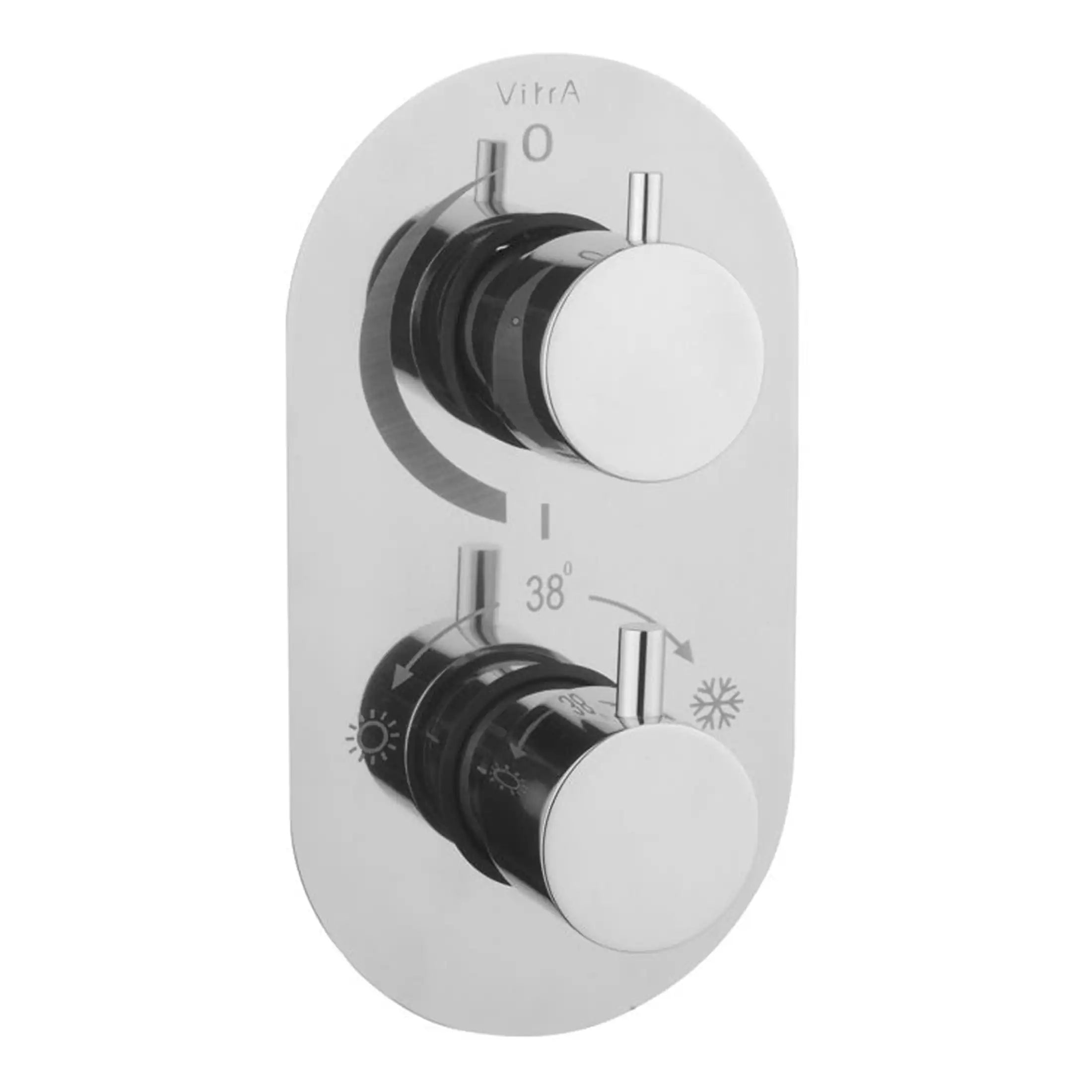Vitra thermostatic shower control panel with temperature and flow adjustment, modern bathroom fixtures from Bubly Bathrooms.