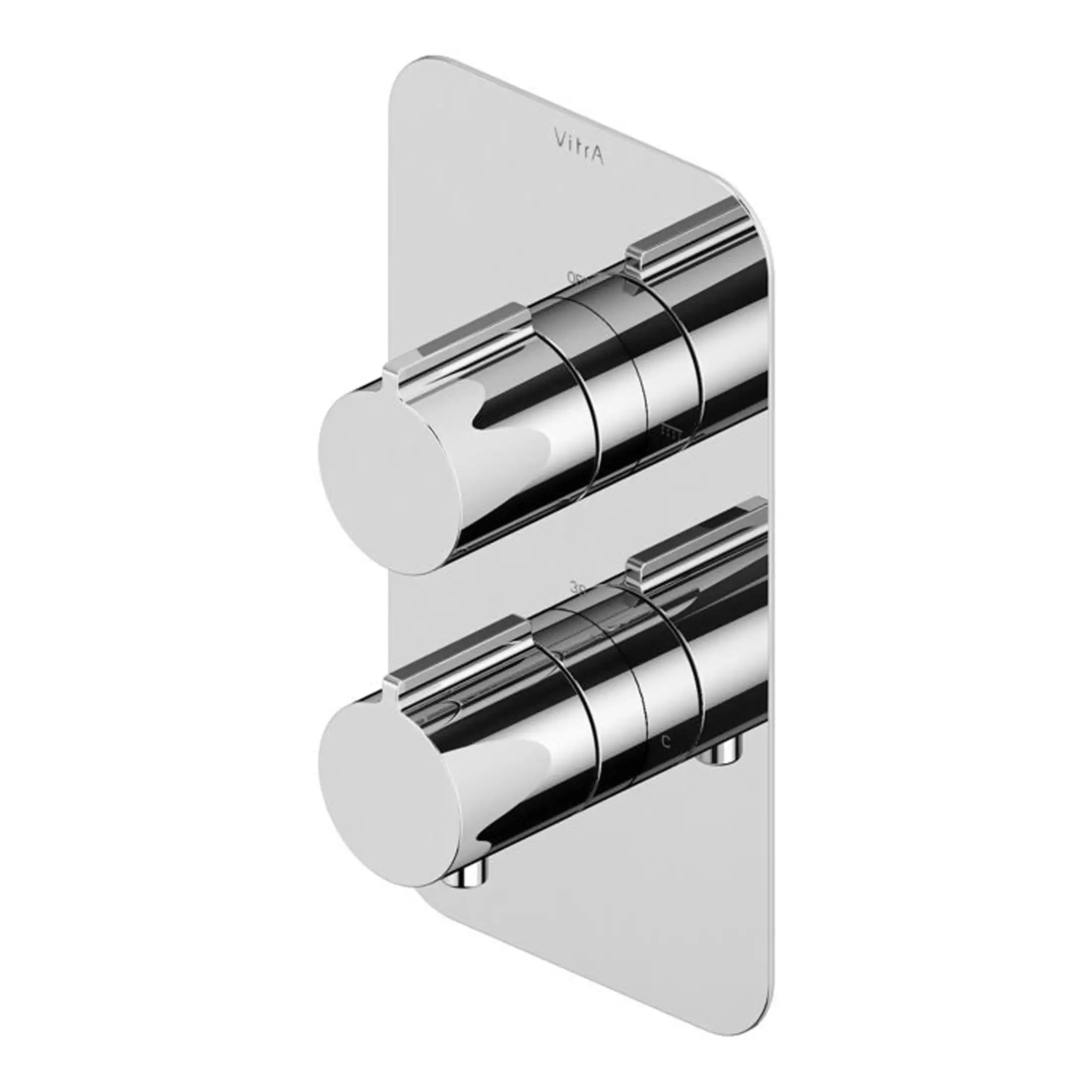Shower thermostatic control panel with dual chrome dials, ideal for modern bathrooms, offering precise temperature regulation and sleek design. Perfect for upgrading your bathroom shower system.