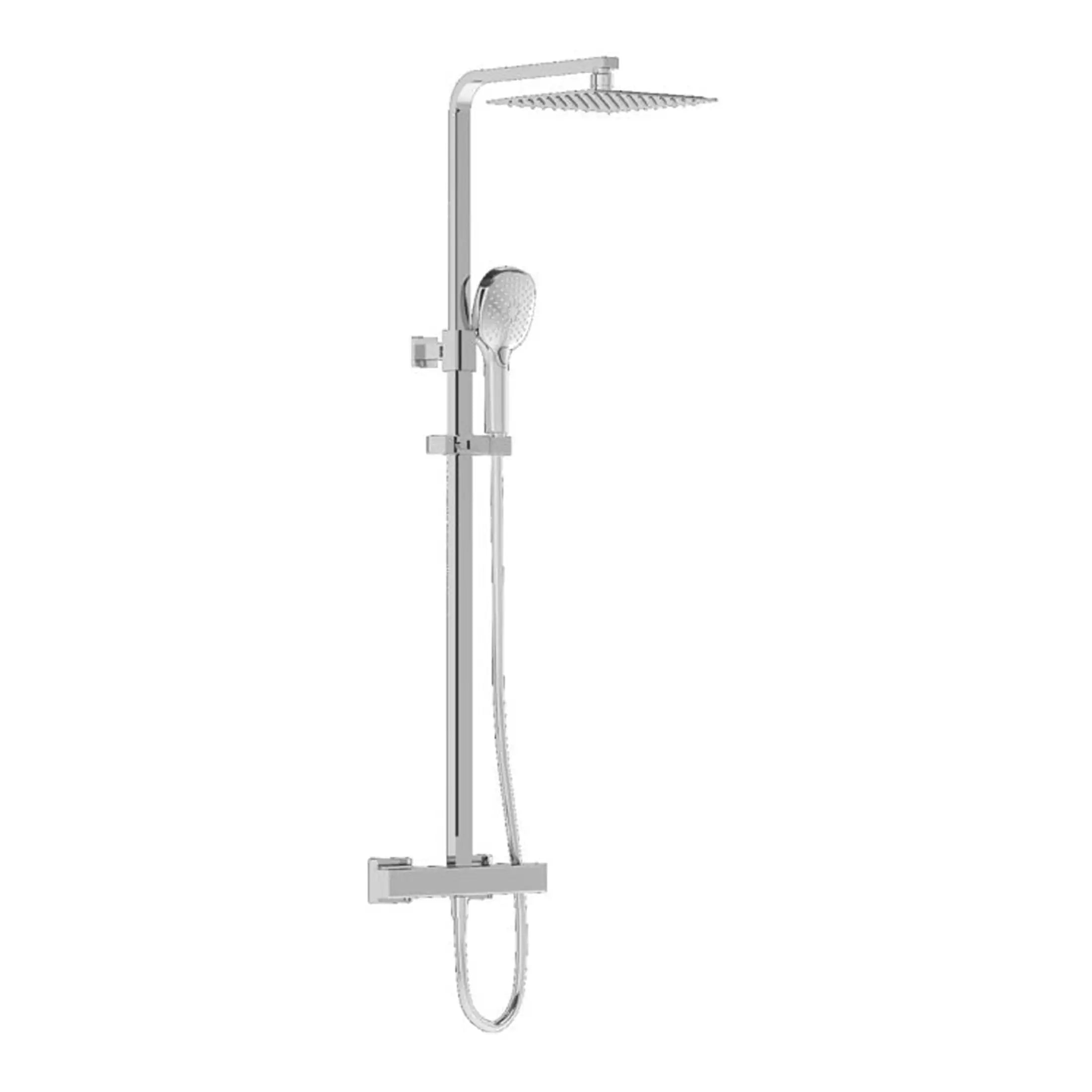 Modern chrome shower panel with overhead rainfall showerhead and handheld shower attachment for luxury bathroom baths and shower enclosures.