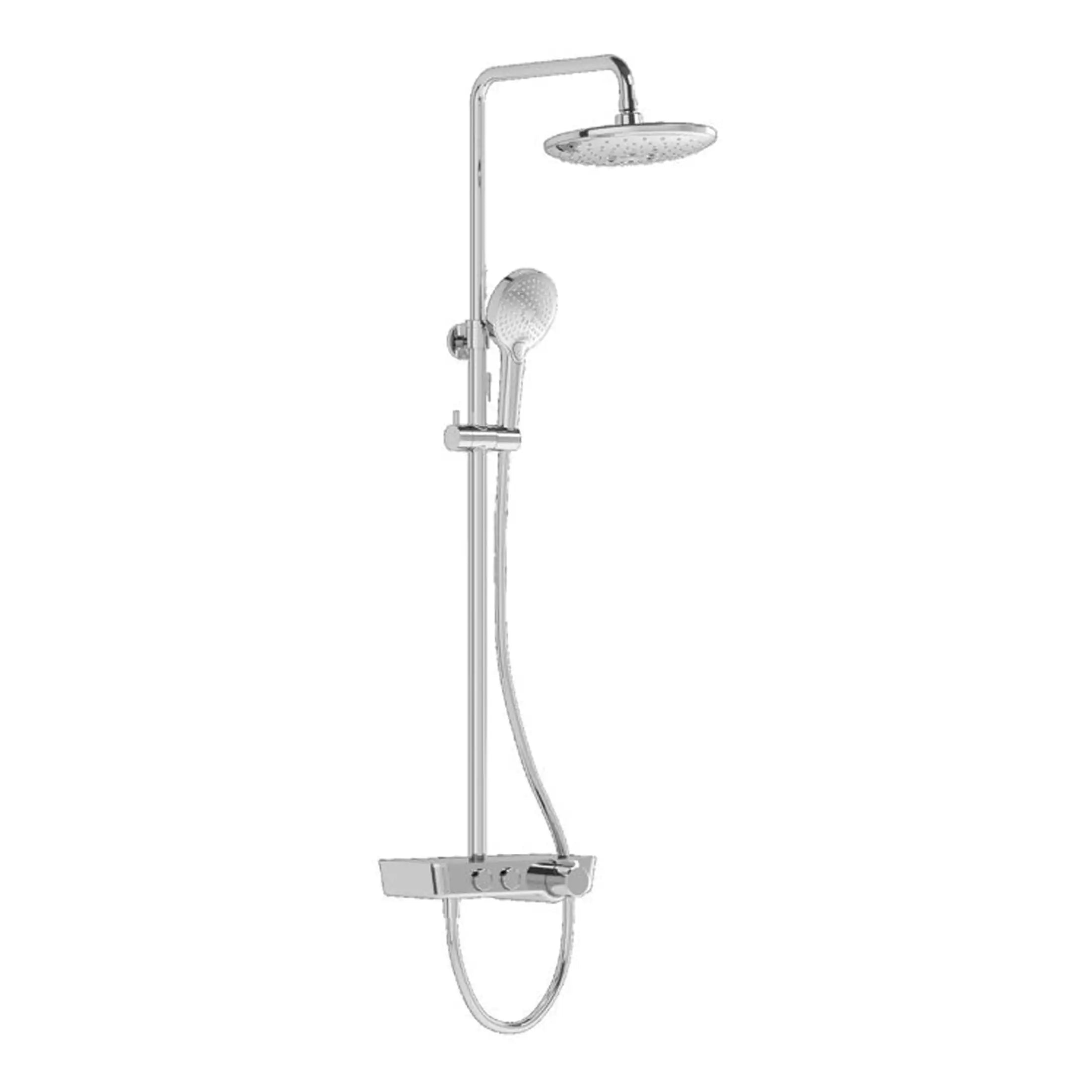 Shower system with overhead rain shower, handheld showerhead, and mixer valve, ideal for contemporary bathroom renovations and high-quality bathing experiences.