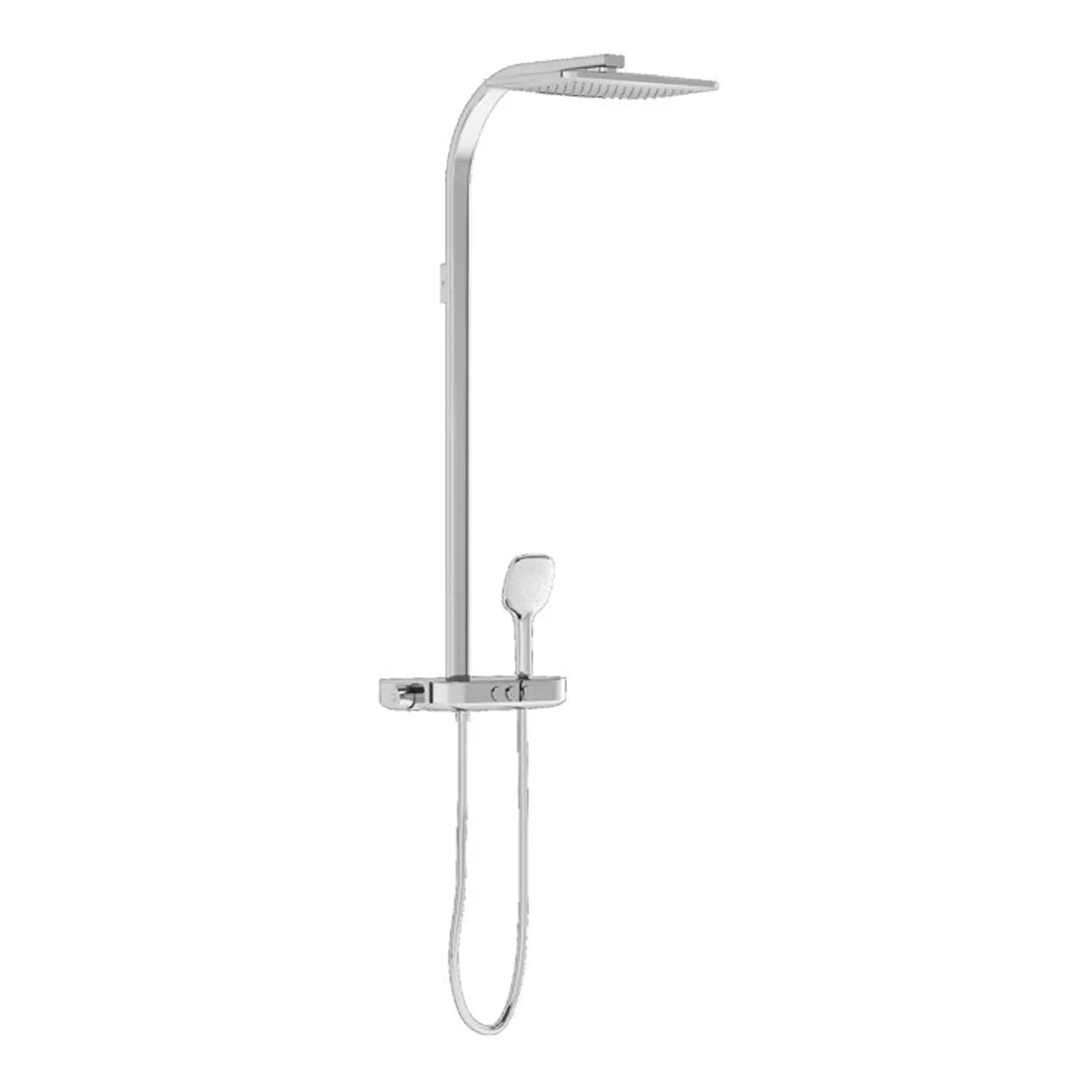 Sleek chrome shower panel with handheld shower head, modern design for luxurious bathroom upgrades. Perfect for contemporary Bubly bathrooms with high-quality fixtures.