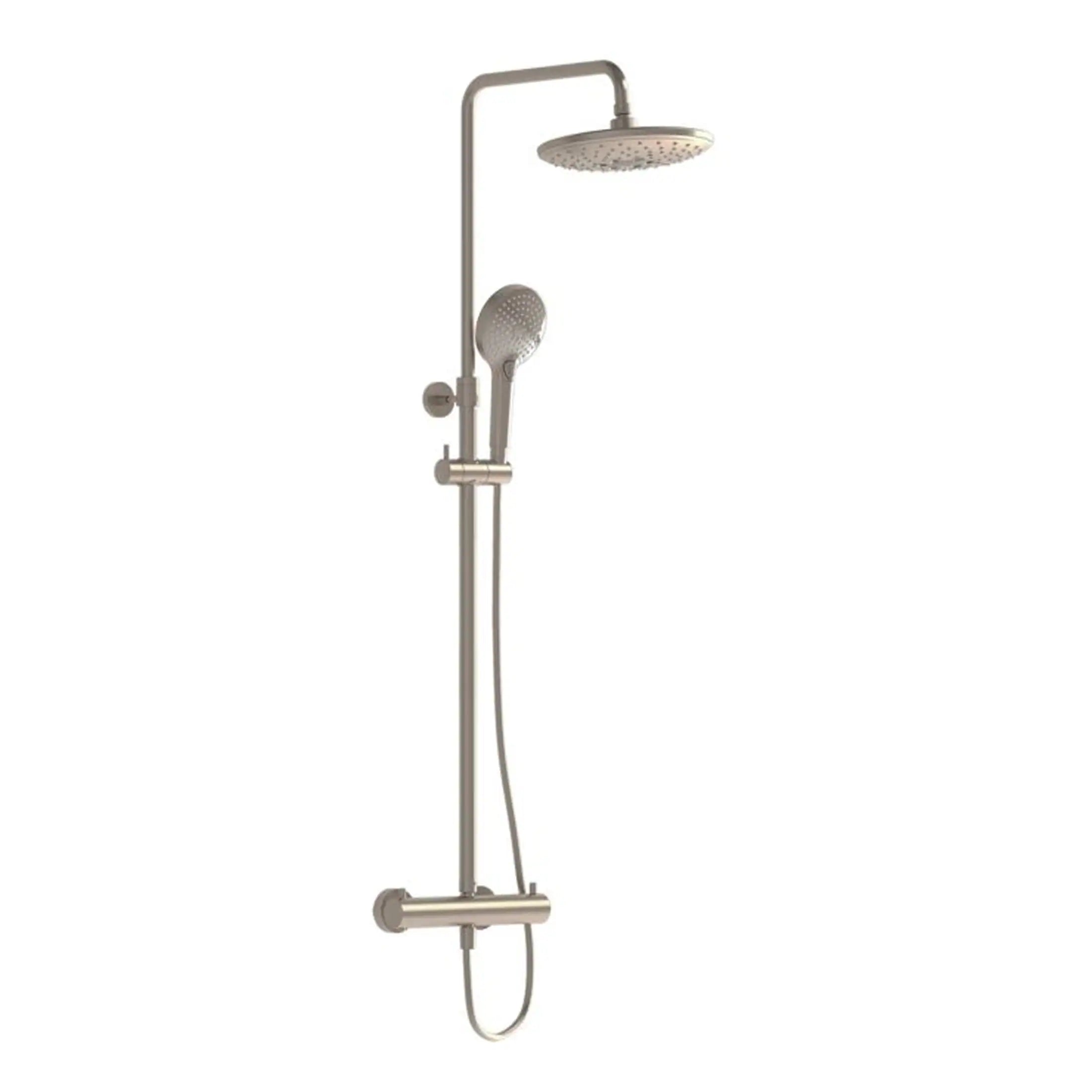Polished stainless steel shower rail system with adjustable overhead and handheld shower heads, ideal for luxurious bathroom upgrades and modern wet room solutions.