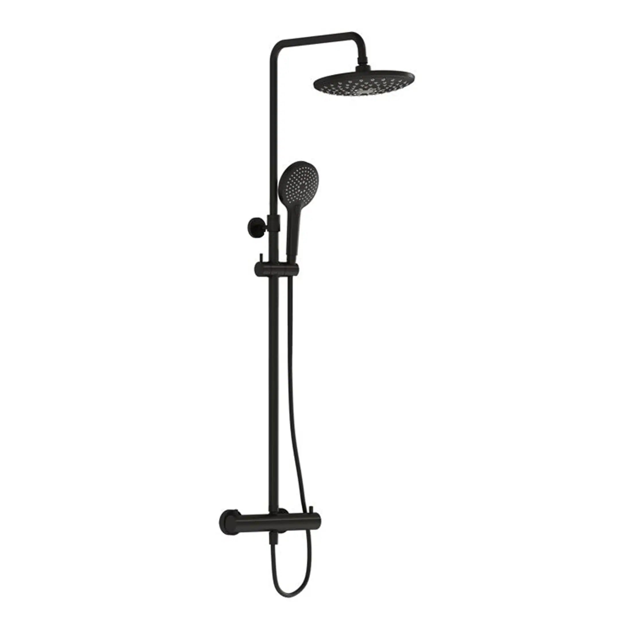 Modern black shower system with rain shower head and handheld shower wand for luxury bathroom upgrades.