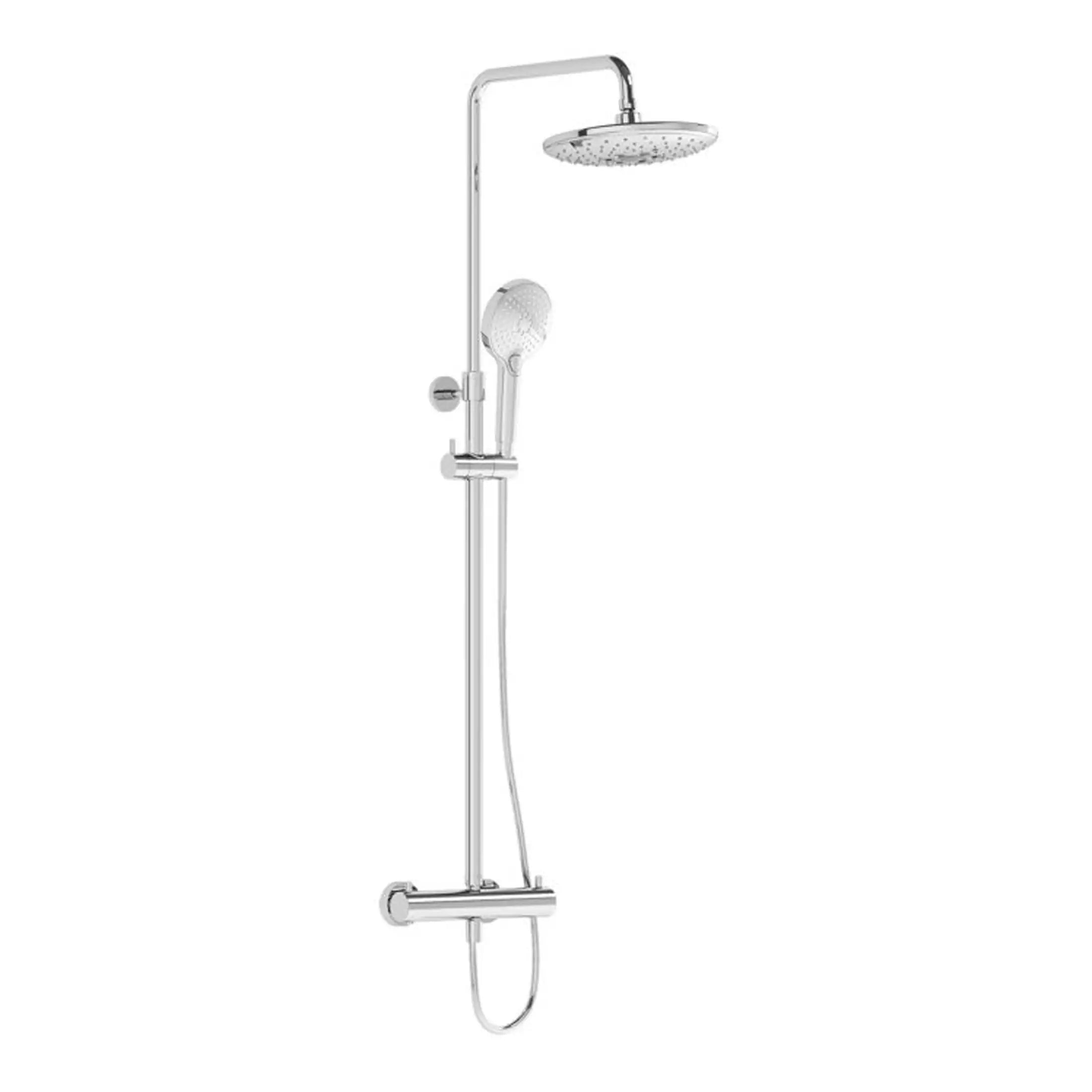 Polished chrome bathroom shower panel with rainfall showerhead and handheld shower attachment, modern design by Bubly Bathrooms.