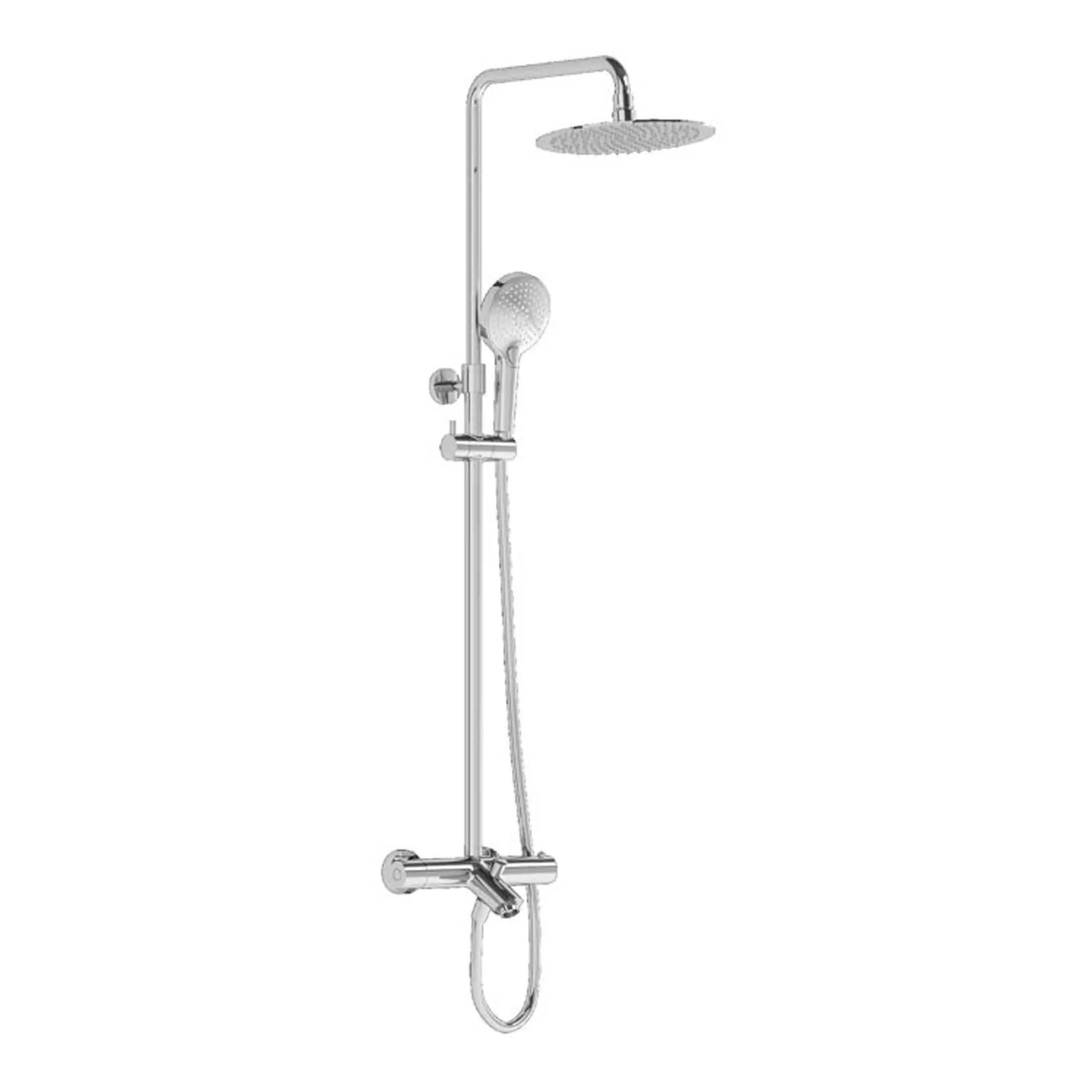 Shower system with a chrome finish, overhead rain shower head, handheld shower head, and wall-mounted controls, ideal for modern bathroom renovations and high-quality bubly bathroom fixtures.