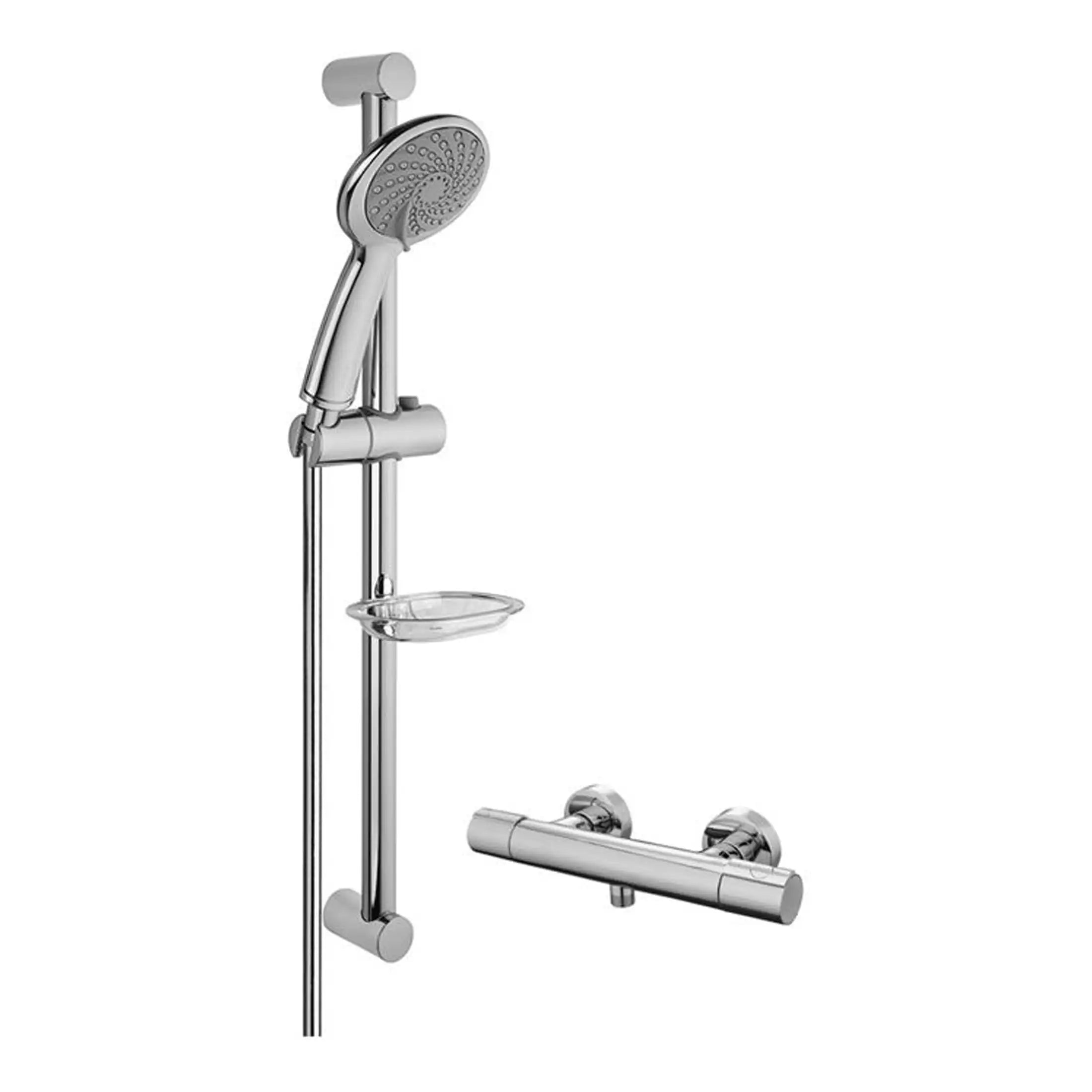 Modern chrome shower system with adjustable handheld showerhead and wall-mounted controls for stylish and functional bathroom upgrade.