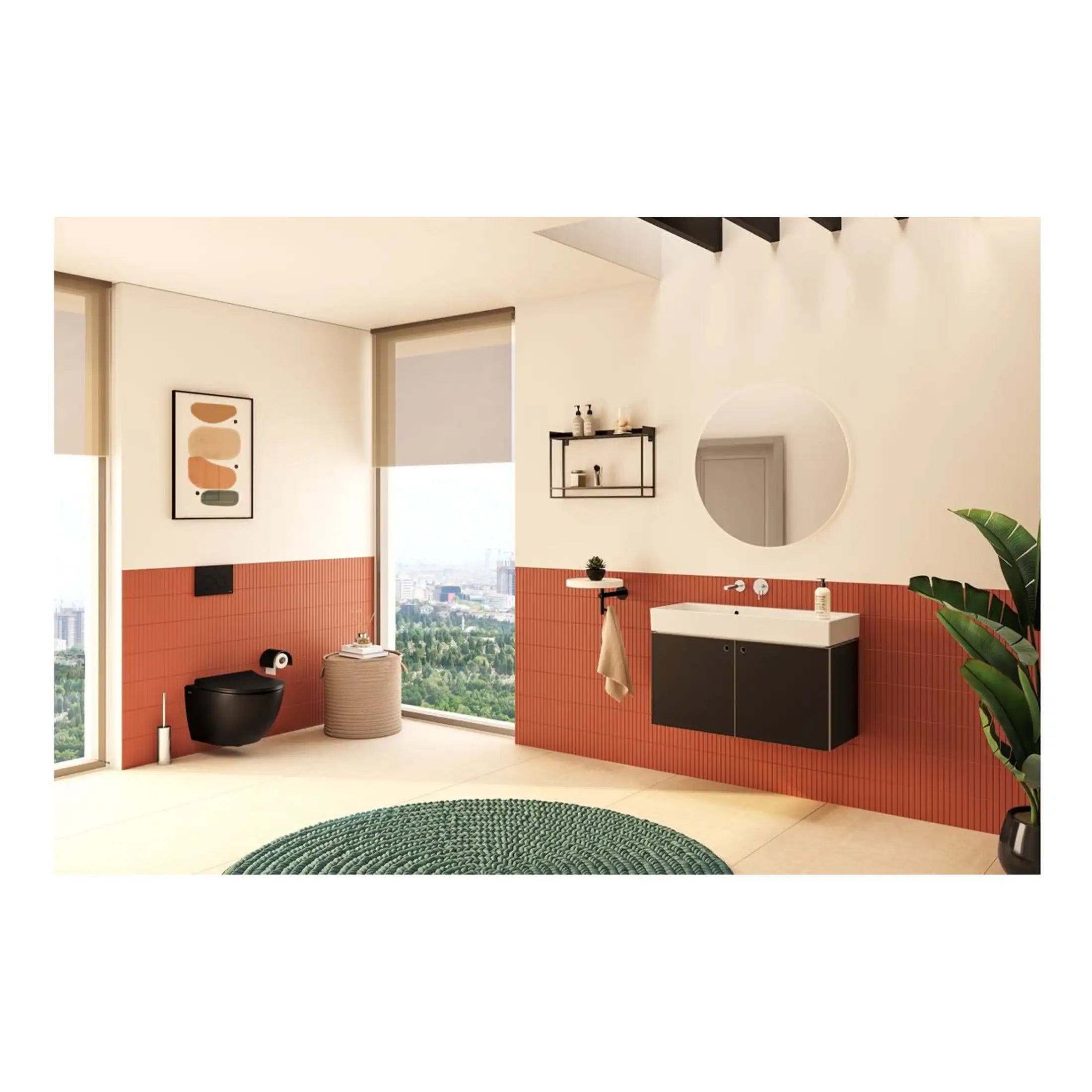 Modern contemporary bathroom with black fixtures, sink vanity, wall-mounted toilet, and large windows offering city views, complemented by minimalist decor and natural wood accents.