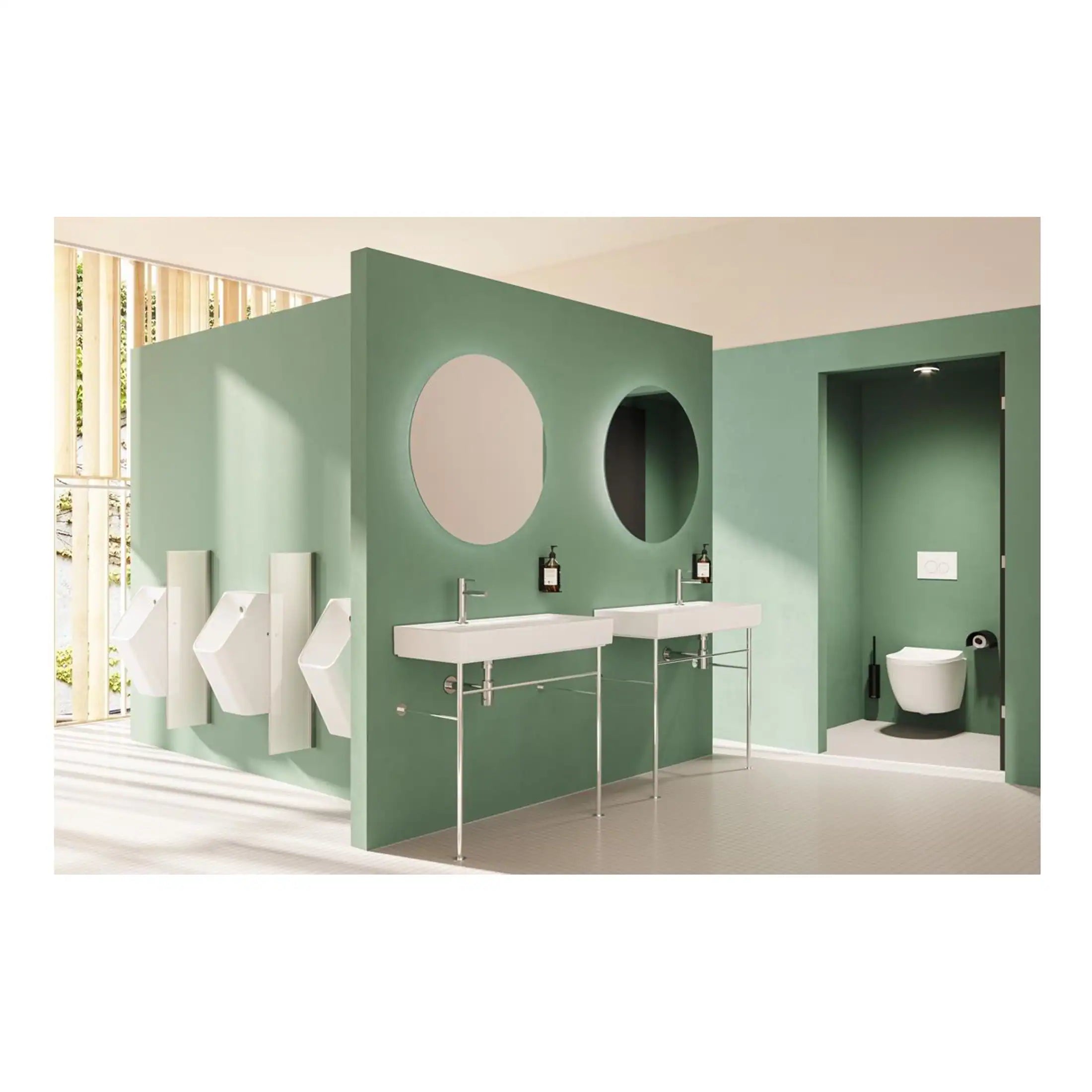 Stylish public bathroom with dual sinks, circular mirrors, urinals, and a modern toilet in a calming green colour scheme, perfect for contemporary bathroom design.