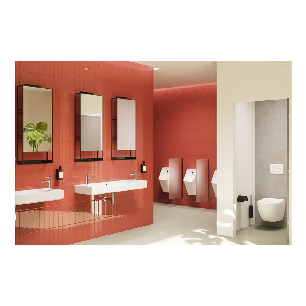Modern public bathroom with double sinks, wall-mounted mirrors, and urinals, featuring a sleek and minimalist design with vibrant red tiles and stylish fixtures.