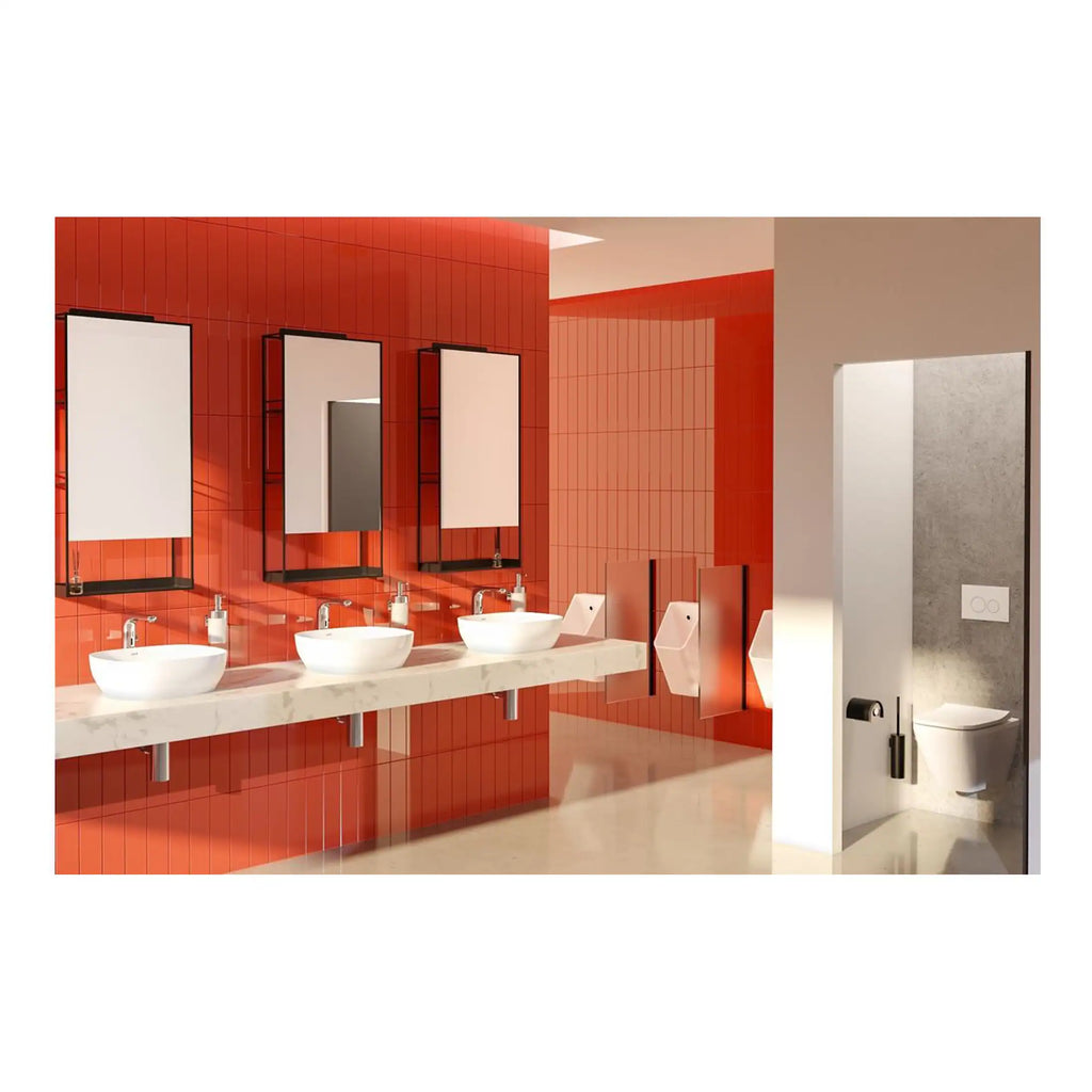 Elegant bathroom with modern washbasins, stylish mirrors, and red tiled walls, creating a contemporary and vibrant bathroom design. Ideal for commercial or upscale residential settings.