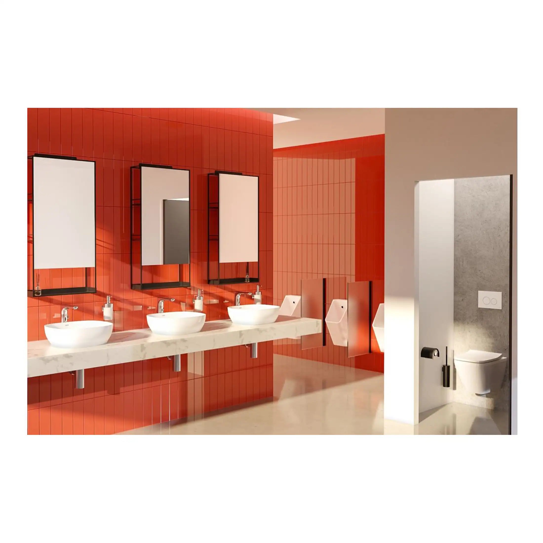 Elegant bathroom with modern washbasins, stylish mirrors, and red tiled walls, creating a contemporary and vibrant bathroom design. Ideal for commercial or upscale residential settings.