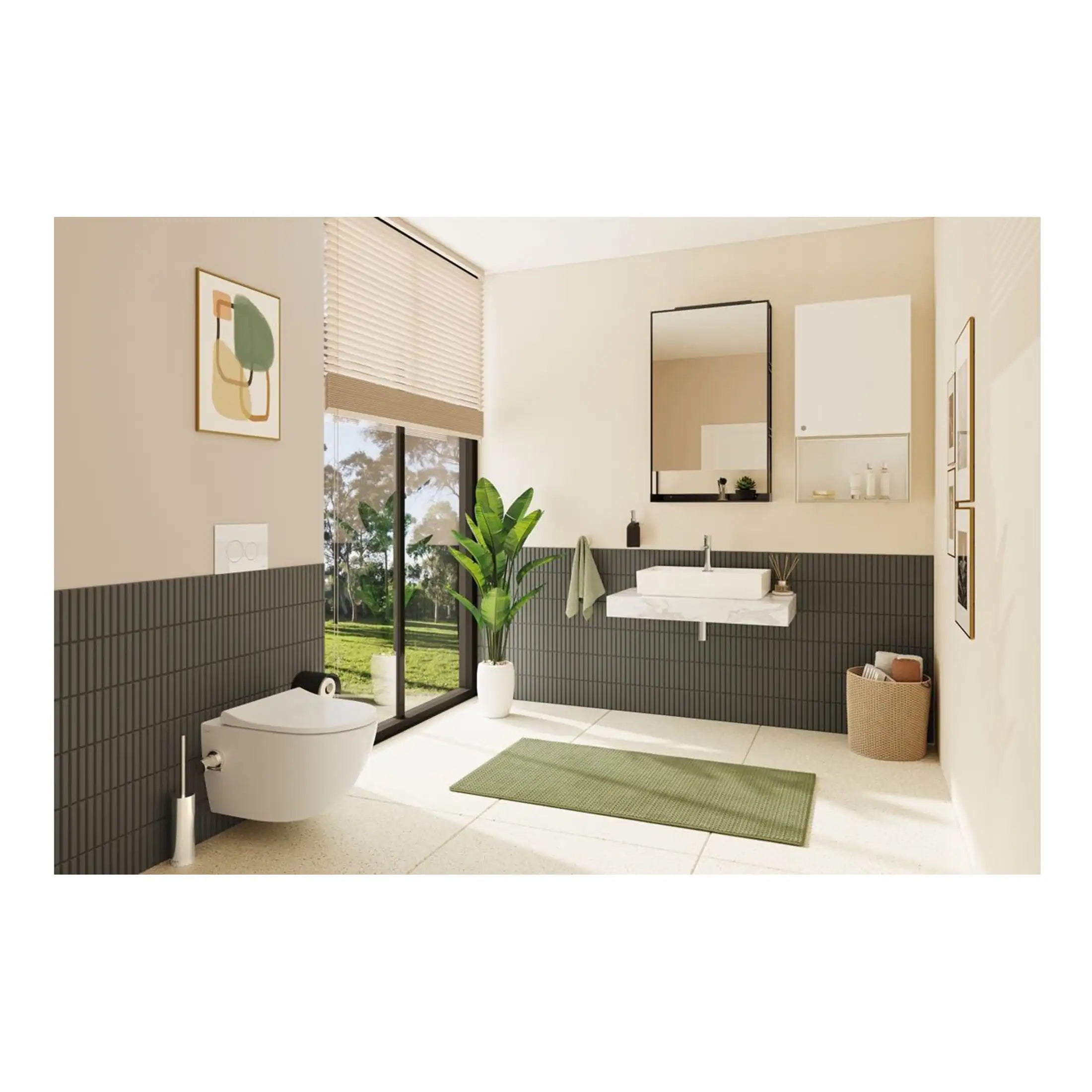 Modern minimalist bathroom with contemporary fixtures, large window, indoor greenery, neutral tones, and stylish decor, perfect for a sleek and relaxing home bathroom.