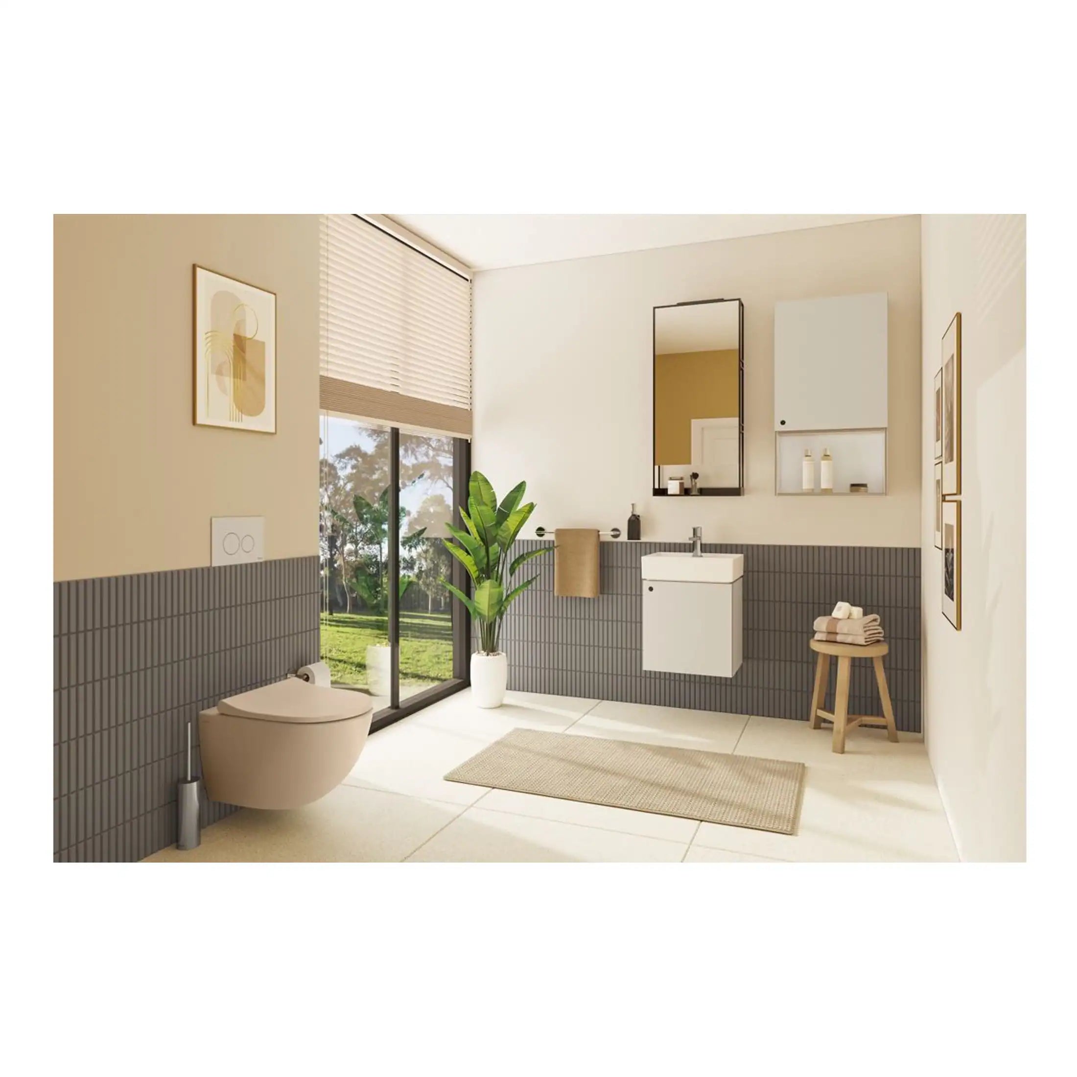 Modern minimalist bathroom with beige and grey tiles, large window with blinds, white sink cabinet, wall-mounted mirror, indoor plant, and natural light, creating a calming and stylish space.