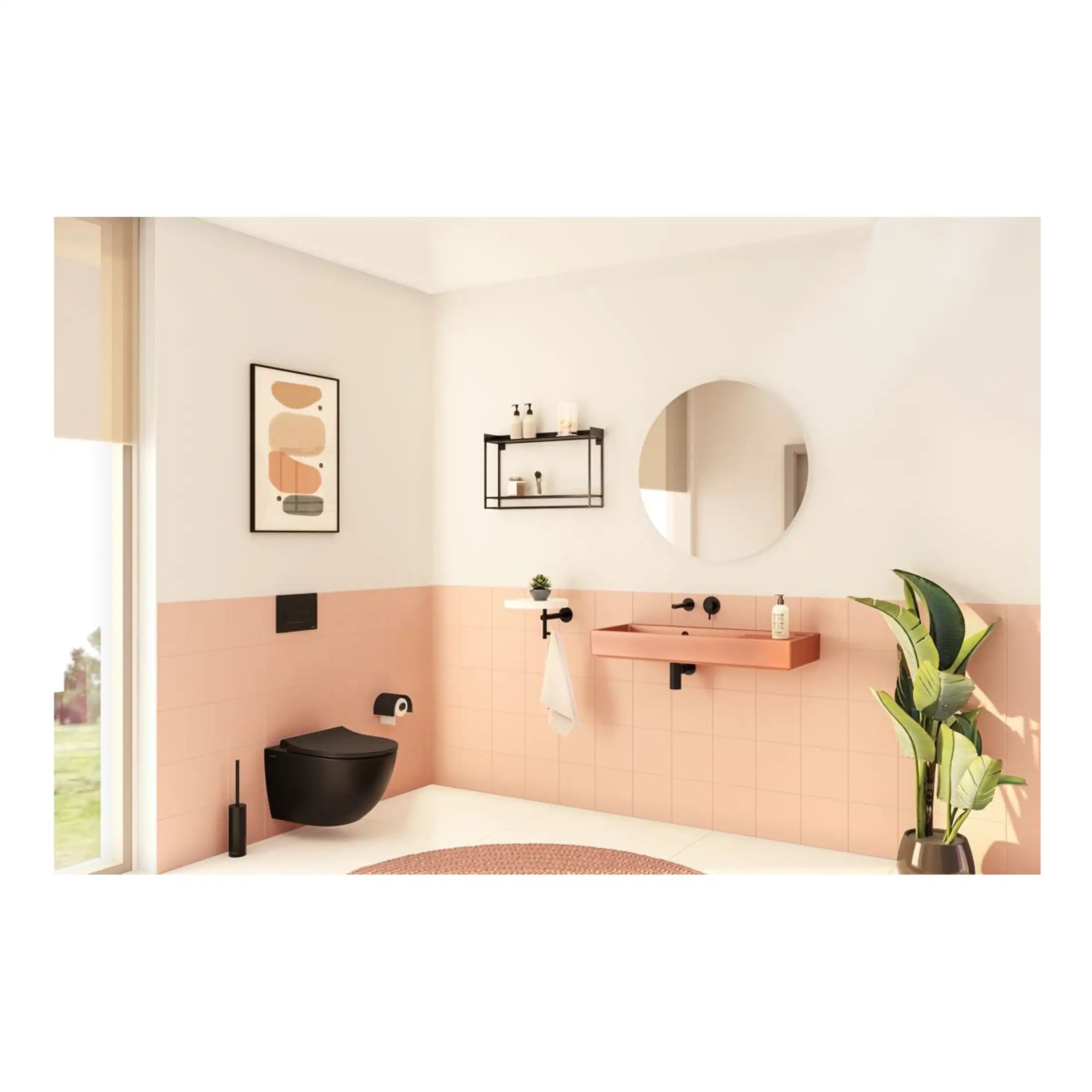 Stylish modern bathroom featuring pink wall tiles, a black wall-mounted toilet, a pink vanity sink with black fixtures, and contemporary decor including a round mirror, abstract artwork, and lush green plant.