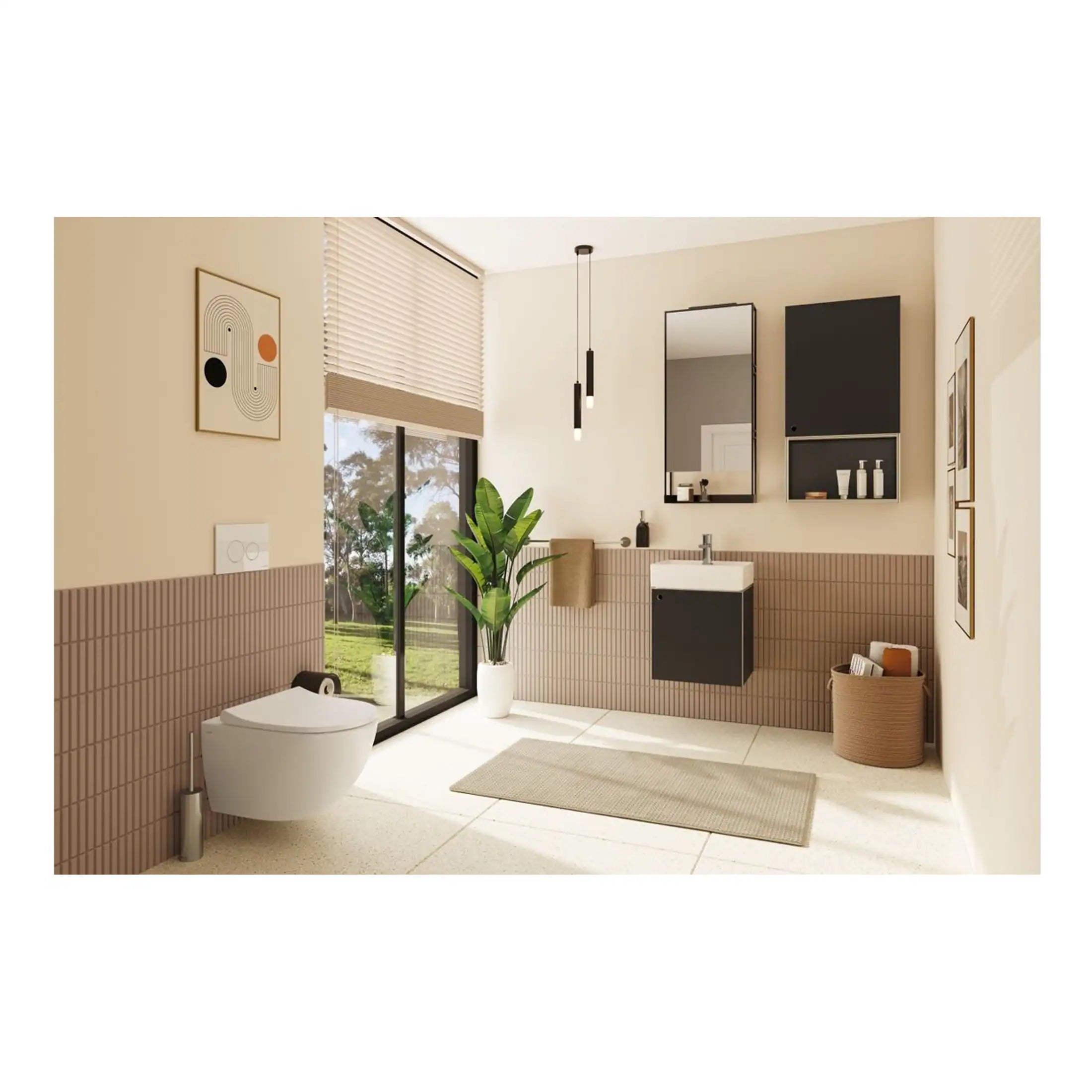 Contemporary bathroom with modern black and white fixtures, large window with blinds, trendy wall art, potted plant, and neutral colour scheme, creating a sleek, stylish space.