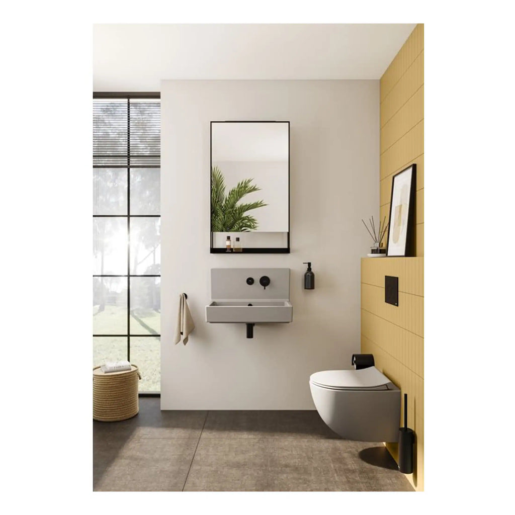 Contemporary bathroom with modern floating sink, wall-mounted toilet, large window with black frame, and minimalistic decor for a sleek, stylish bathroom design.