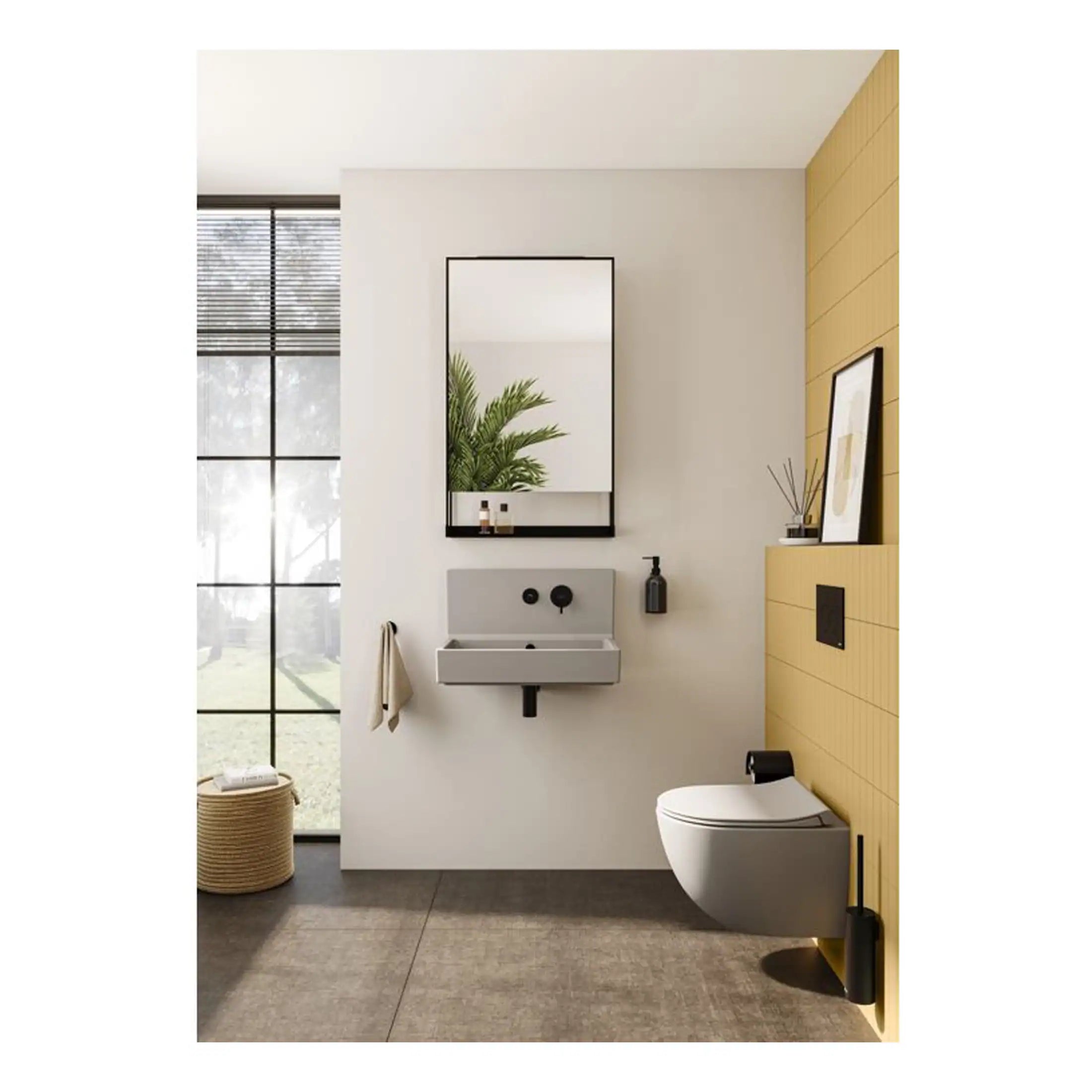 Contemporary bathroom with modern floating sink, wall-mounted toilet, large window with black frame, and minimalistic decor for a sleek, stylish bathroom design.