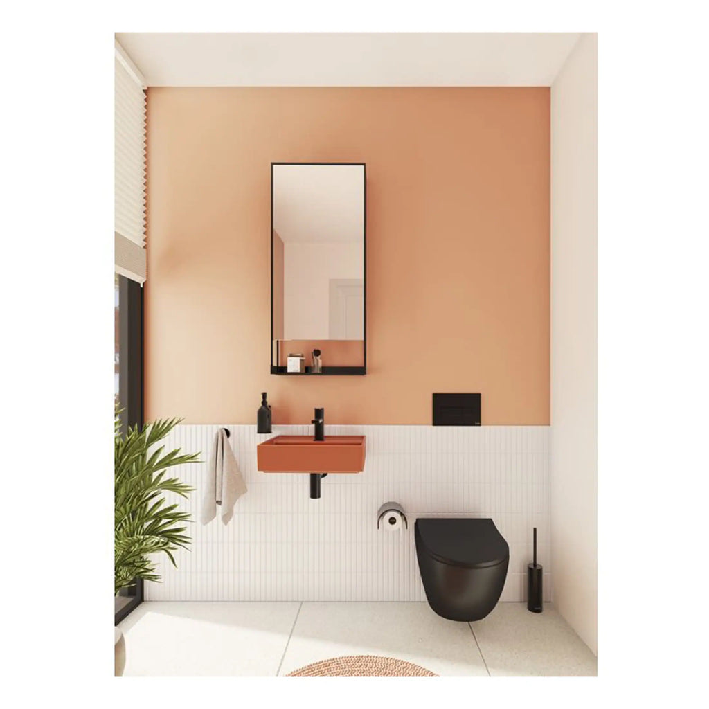Stylish modern bathroom featuring a black toilet, coral sink, and wall mirror, with contemporary design and minimal decor, perfect for a sleek bathroom renovation.