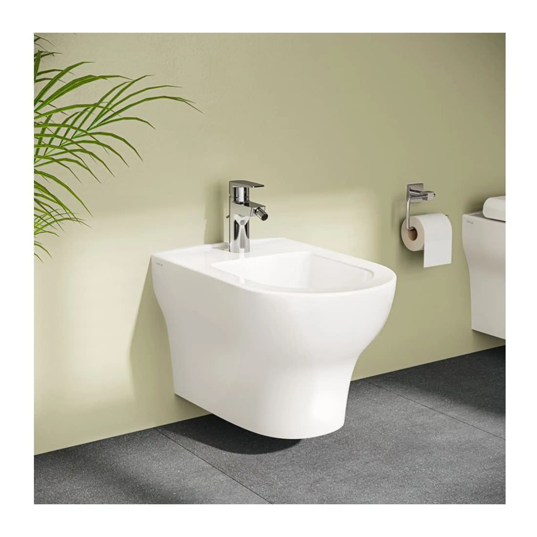 Sleek white bidet with modern chrome faucet in contemporary bathroom, perfect for hygienic and stylish bathroom fixtures, with a toilet and toilet paper holder nearby.