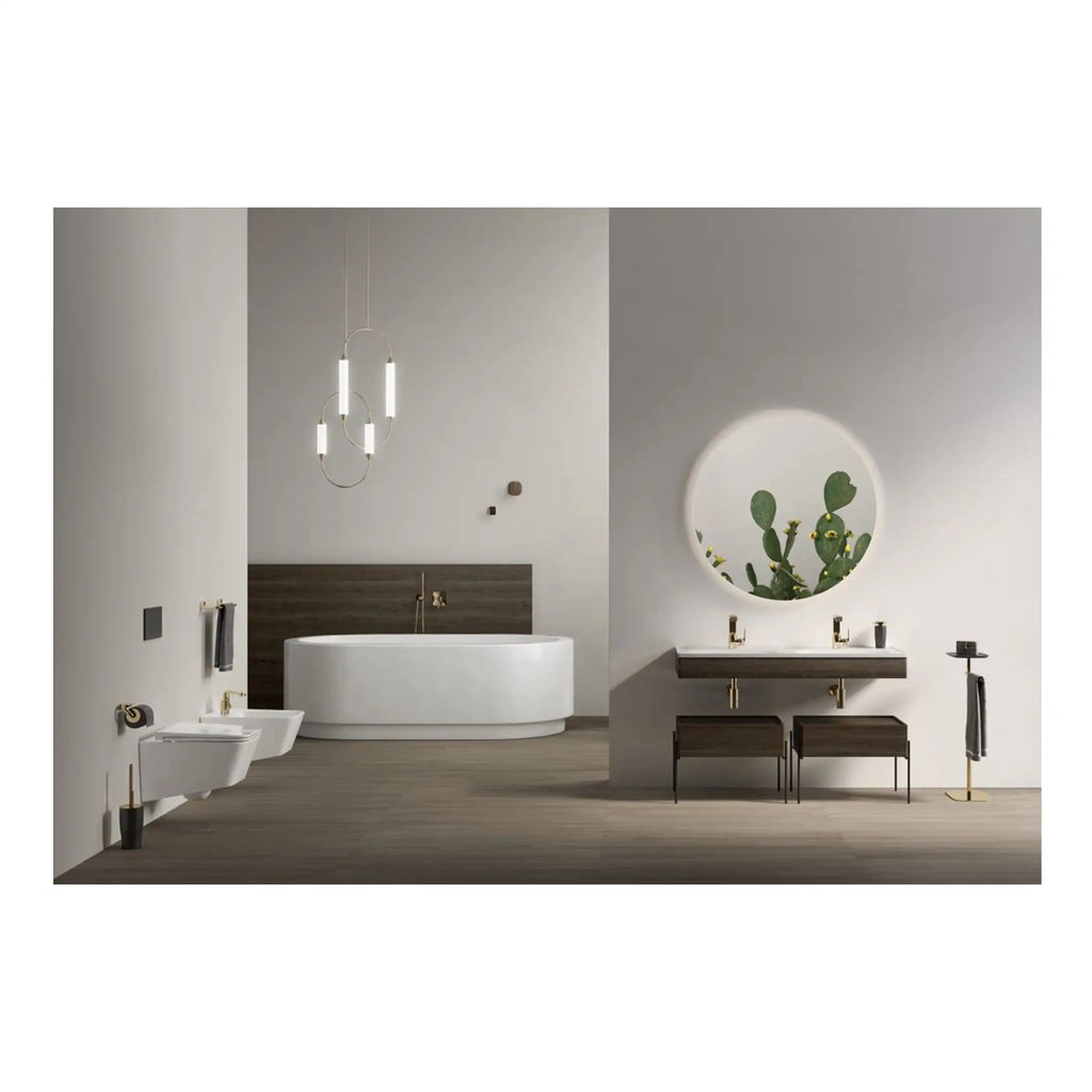 Contemporary bathroom with minimalist design, featuring a standalone bathtub, double vanity with round mirror, modern fixtures, and natural decor accents. Elegant, functional bathroom interior.