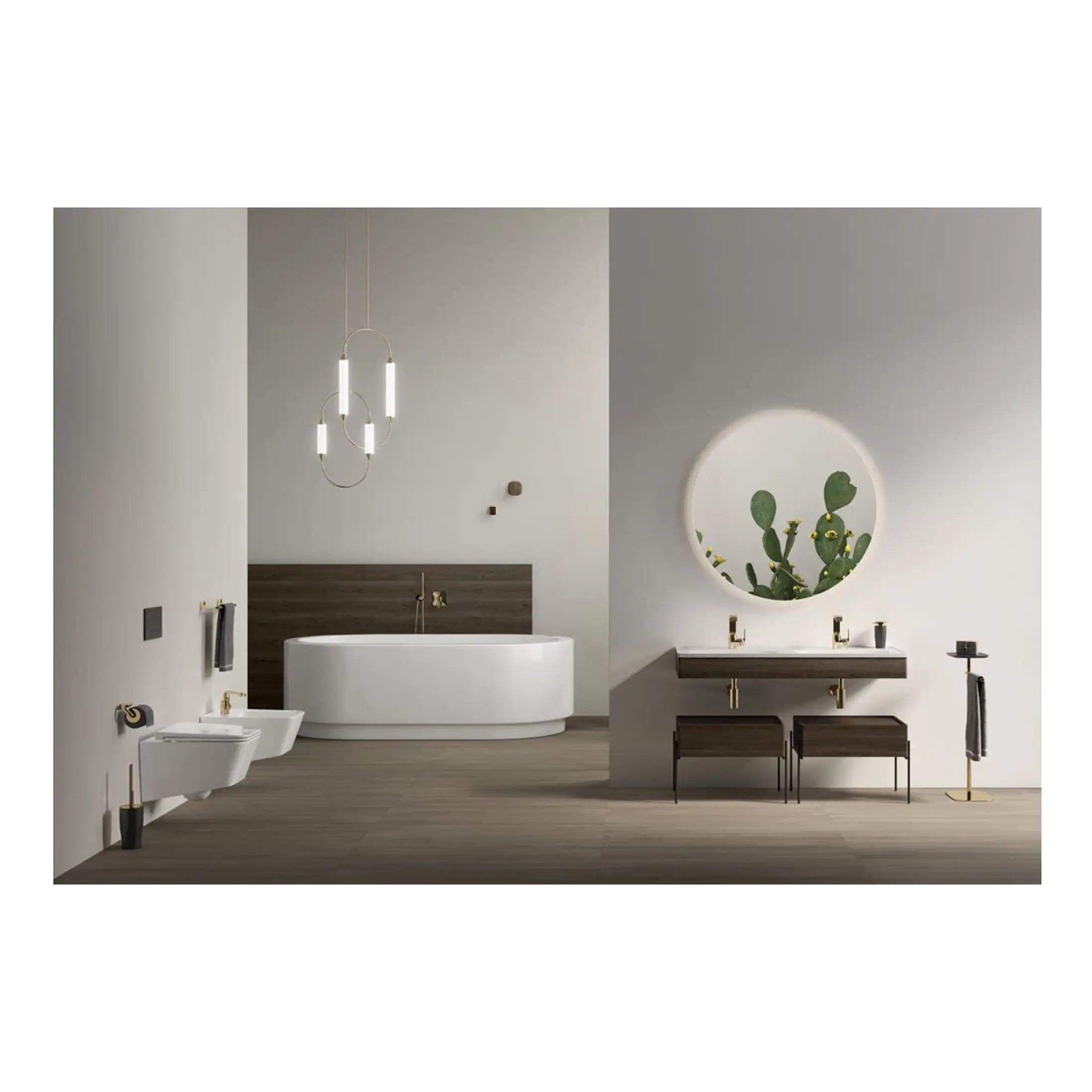Contemporary bathroom with minimalist design, featuring a standalone bathtub, double vanity with round mirror, modern fixtures, and natural decor accents. Elegant, functional bathroom interior.