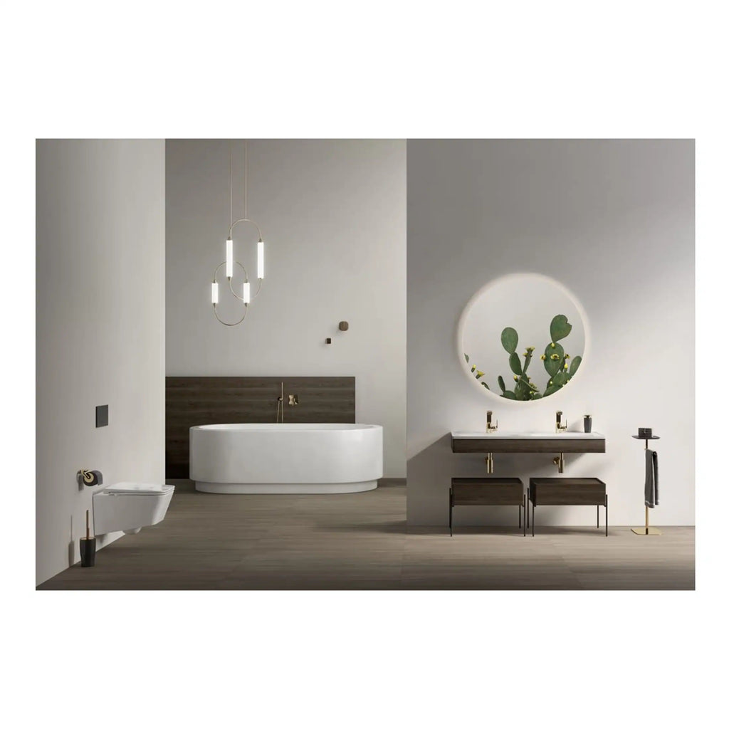 Contemporary modern bathroom with freestanding bathtub, wall-mounted toilet, sleek double sink vanity with round mirror, minimalist decor, and warm wood accents for a stylish, elegant bathroom design.