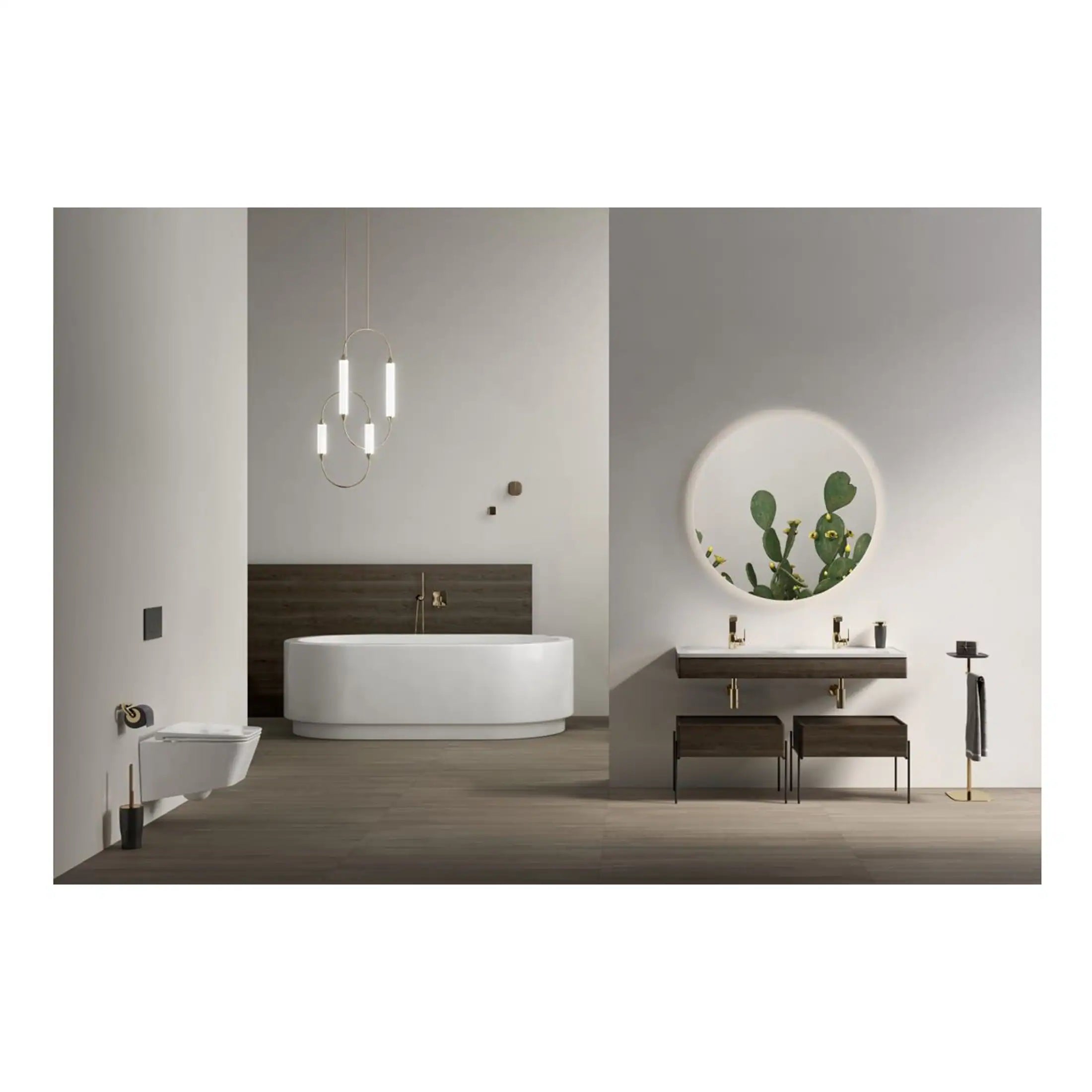 Contemporary modern bathroom with freestanding bathtub, wall-mounted toilet, sleek double sink vanity with round mirror, minimalist decor, and warm wood accents for a stylish, elegant bathroom design.
