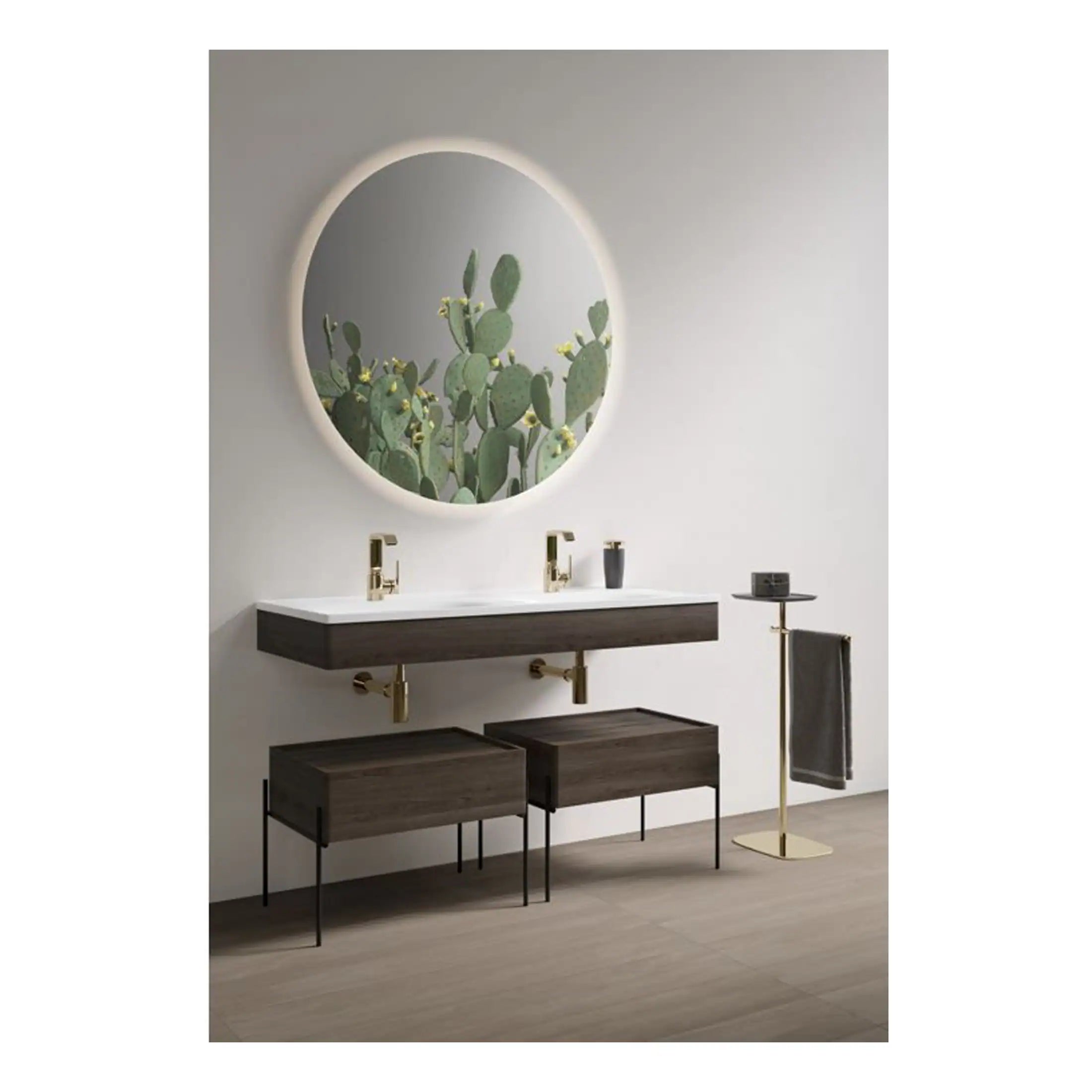 Modern bathroom vanity with dark wood finish, white countertop, gold fixtures, and round mirror featuring a cactus design, complemented by matching stools and accessories, perfect for contemporary bathroom needs.
