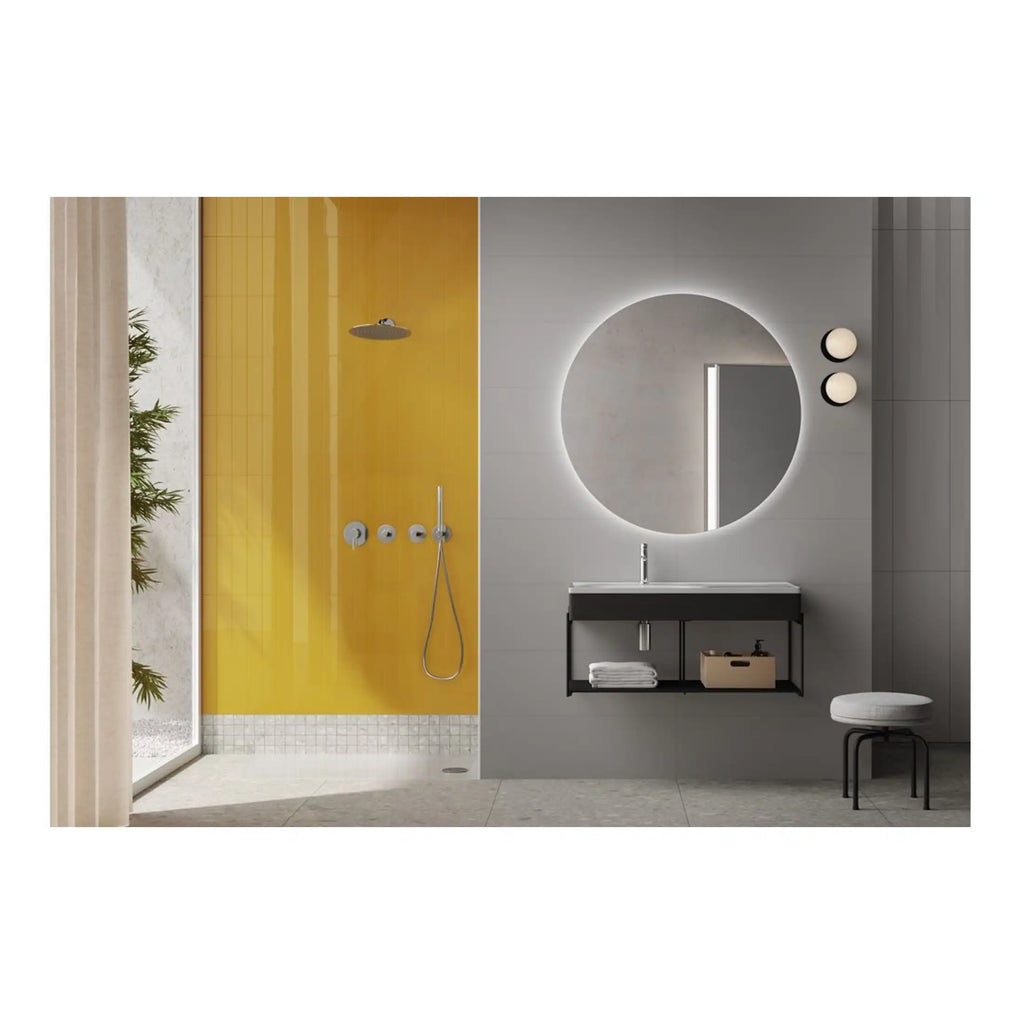 Modern bathroom design featuring a colourful yellow walk-in shower area, a sleek vanity with backlit circular mirror, and minimalist accessories, perfect for contemporary bathroom renovations and bathroom fittings.