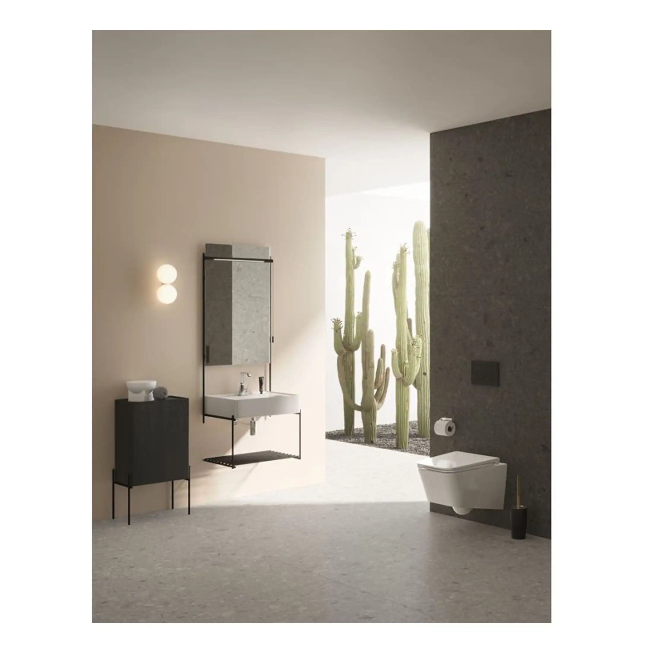 Modern minimalist bathroom with wall-mounted toilet, sleek vanity sink, and contemporary decor featuring natural cactus plants for a stylish eco-friendly design.