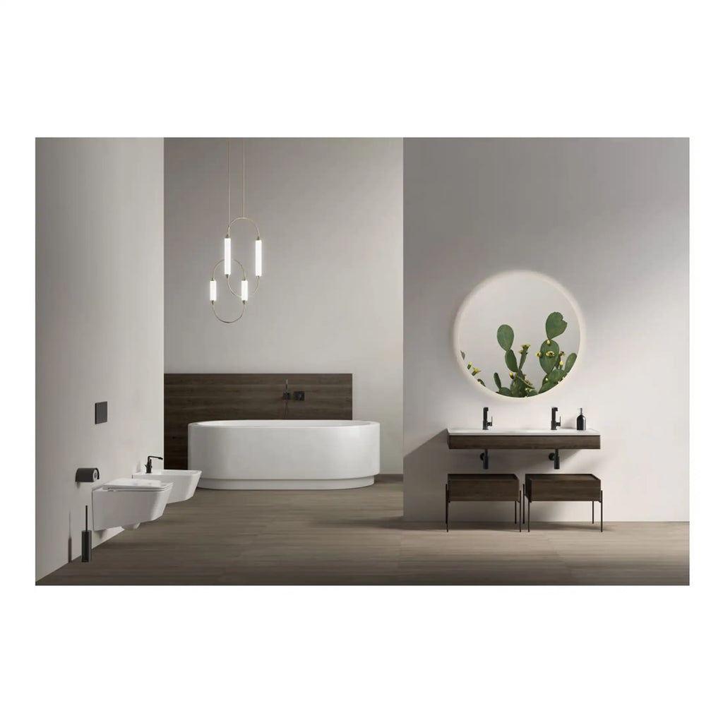 Sleek modern bathroom with freestanding bathtub, double sink vanity with round mirror, minimalistic design, and natural wood accents for a luxurious spa-like feel.