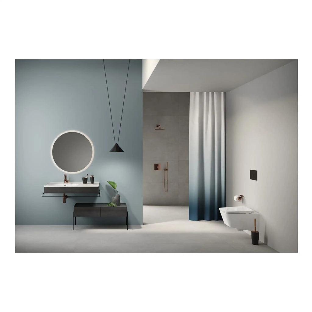 Modern minimalist bathroom with sleek wall-mounted fixtures, walk-in shower with glass partition, stylish sink vanity, contemporary decor, and neutral colour palette for a clean look.