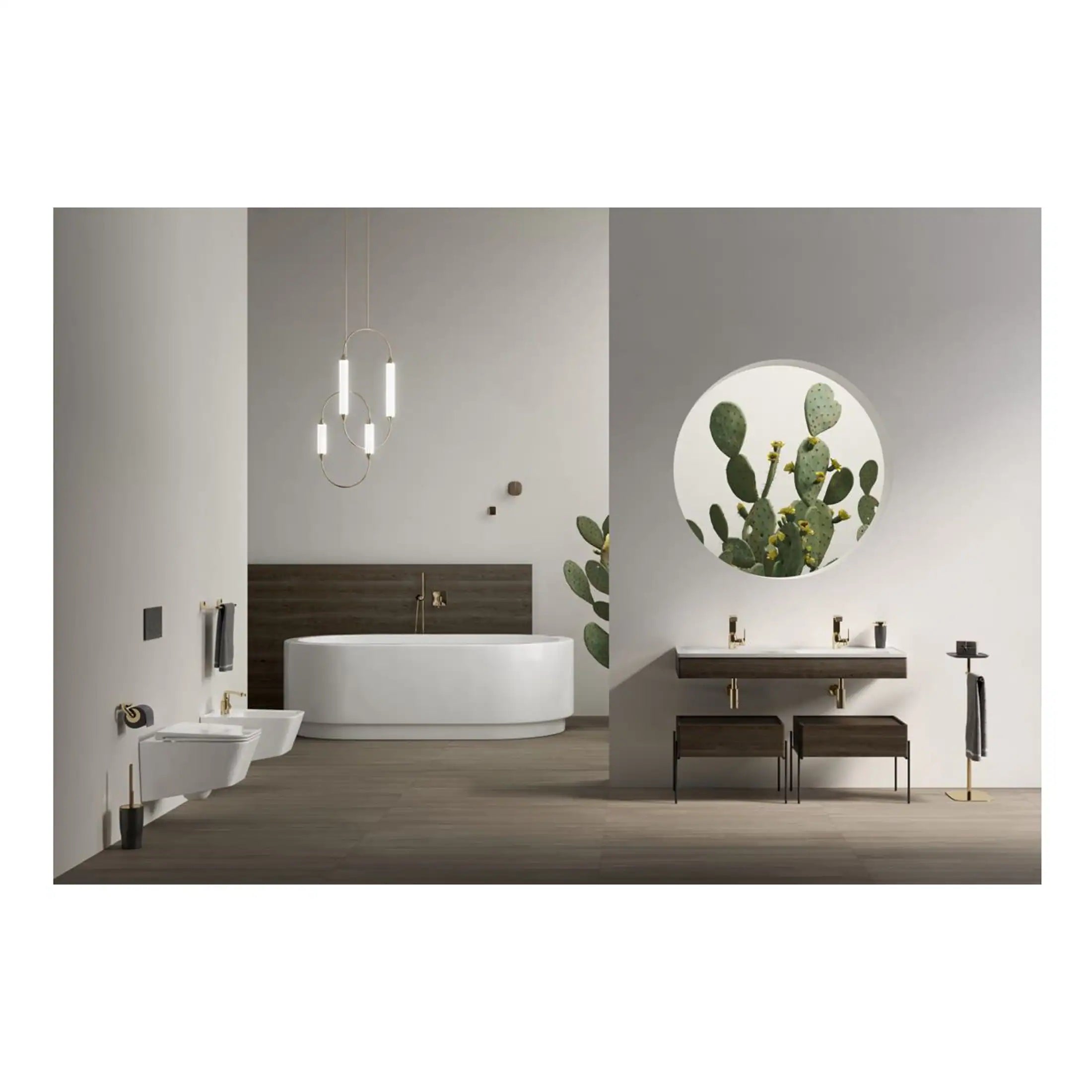 Contemporary bathroom with freestanding bathtub, double vanity, modern lighting, and decorative cactus artwork creating a sleek, minimalist design.