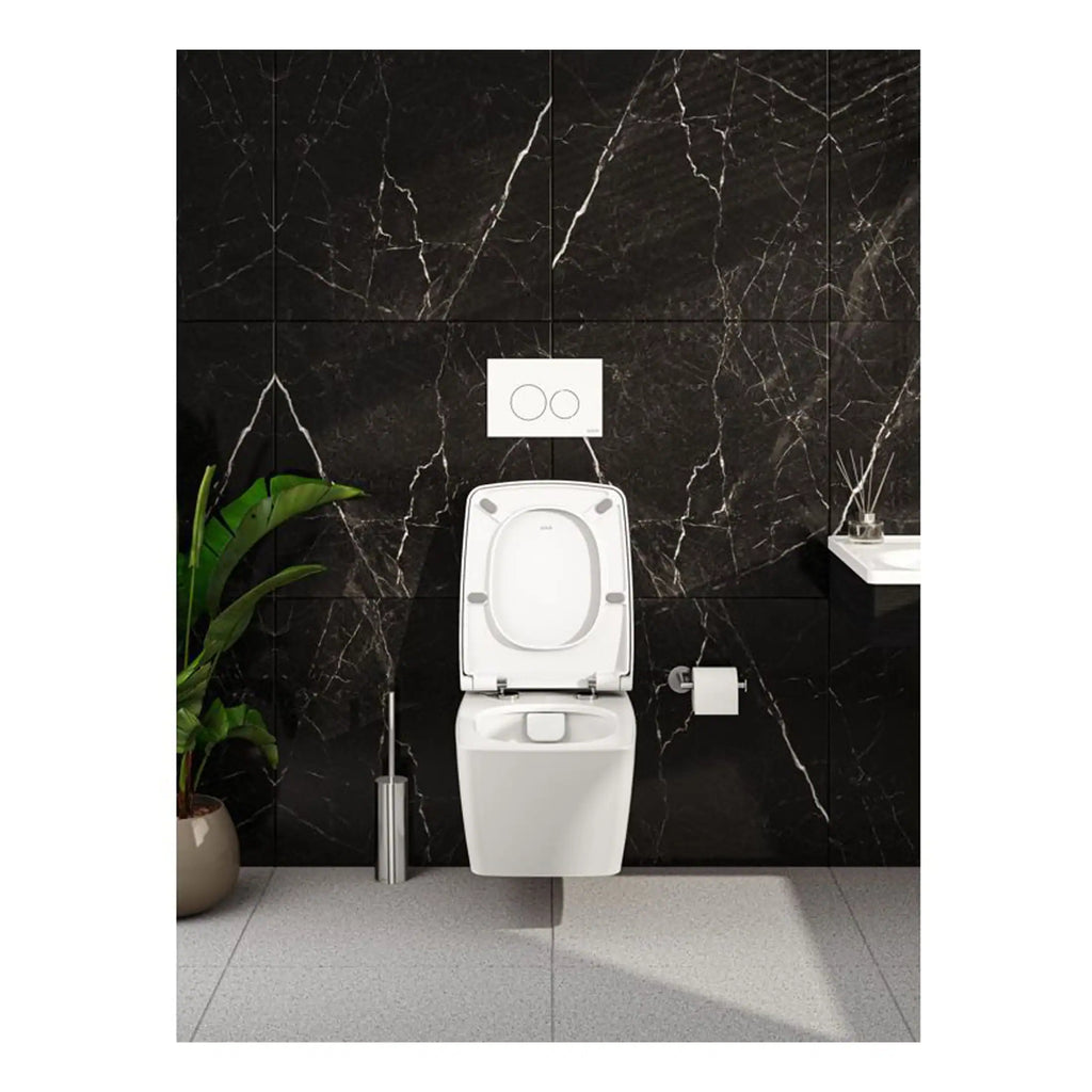 Toilet with modern design and flush plate, black marble wall, bathroom accessories, and plant, showcasing contemporary stylish bathroom decor. Suitable for luxury bathroom renovations and WC installations.