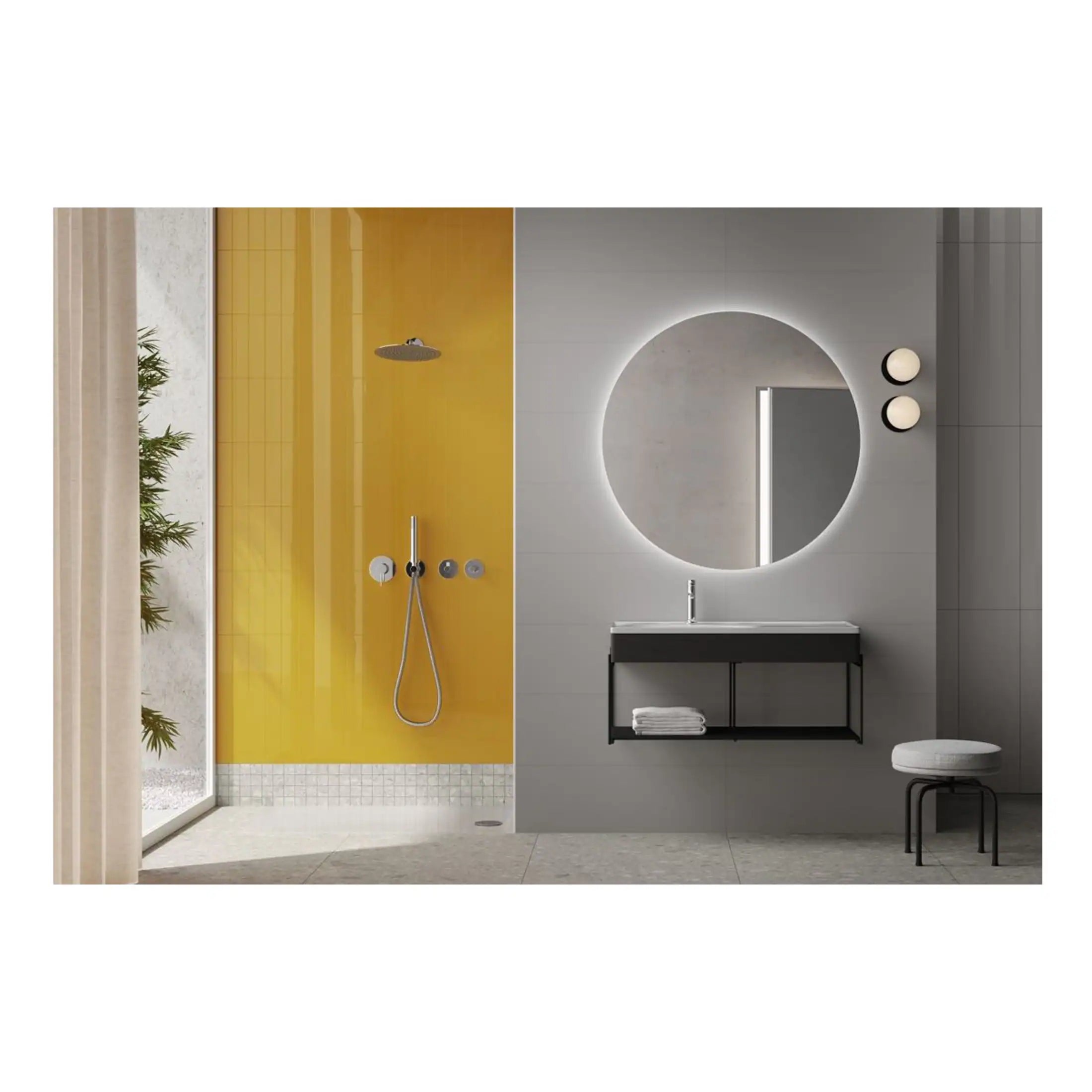 Contemporary bathroom design featuring a sleek black vanity with a round illuminated mirror, stylish wall-mounted lighting, and a minimalist shower area with vibrant yellow tiles, perfect for modern bathroom renovations.