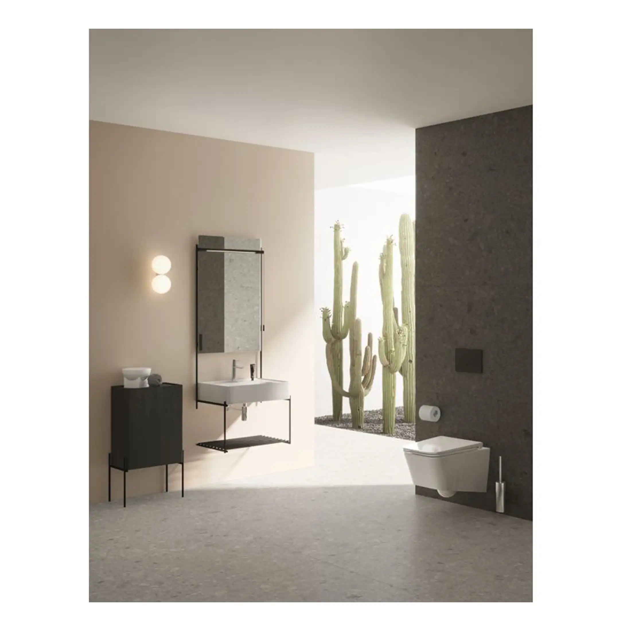 Sleek modern bathroom with minimalist fixtures, beige and dark grey walls, wall-mounted sink, and cactus plants outside, creating a stylish and contemporary space.