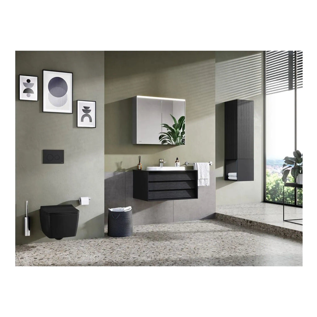 Contemporary bathroom interior with black floating vanity, wall-mounted toilet, large mirror with LED lighting, and modern storage cabinets, featuring eco-friendly design and minimalist aesthetics.