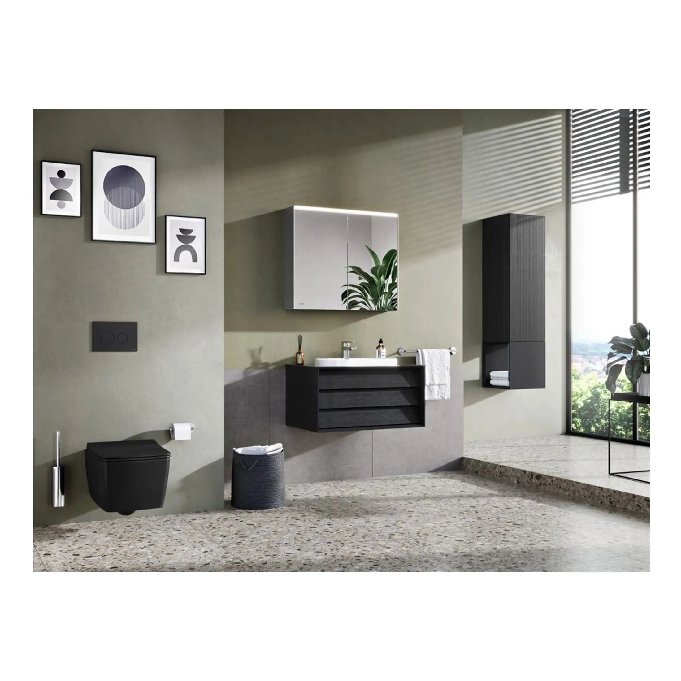 Contemporary bathroom interior with black floating vanity, wall-mounted toilet, large mirror with LED lighting, and modern storage cabinets, featuring eco-friendly design and minimalist aesthetics.