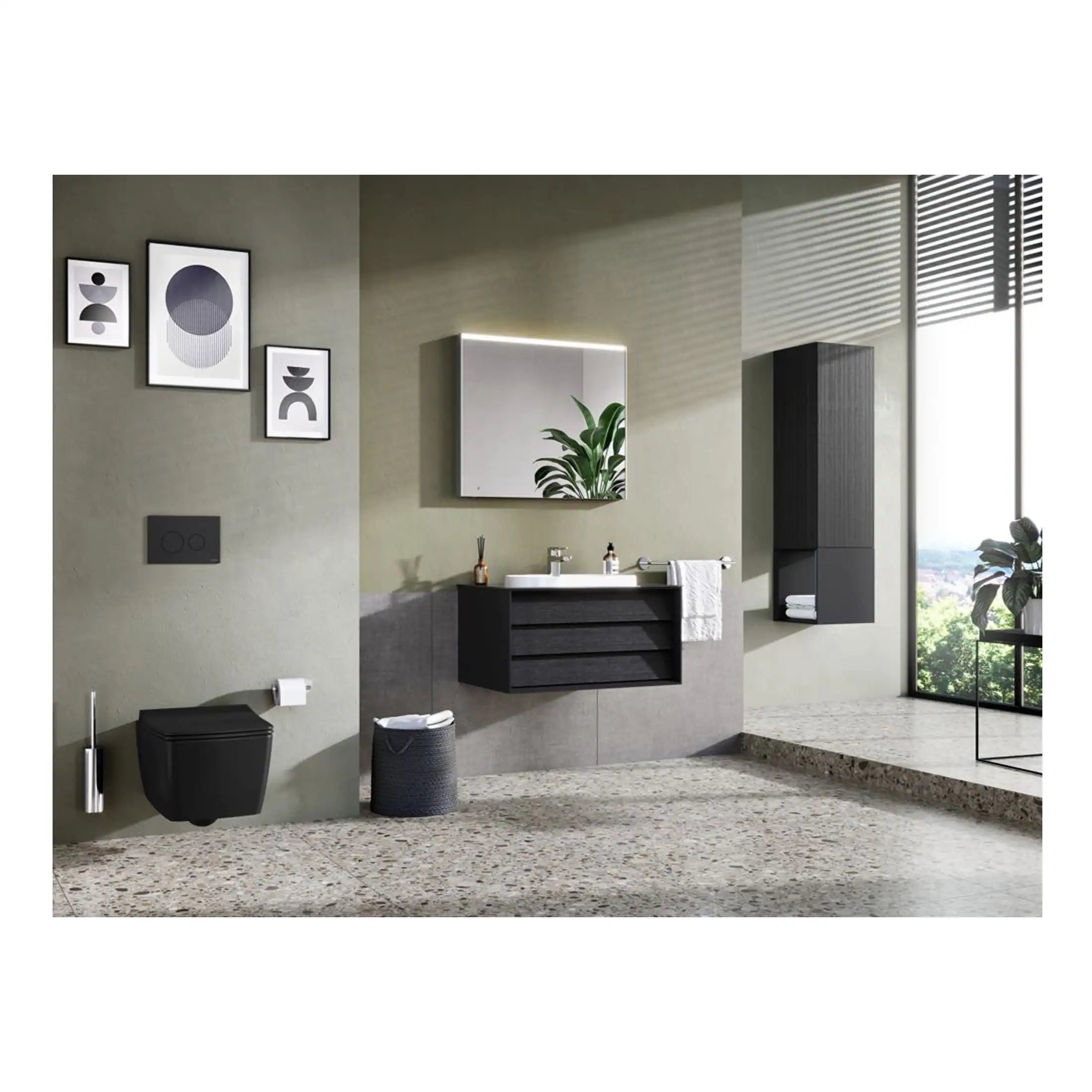 Modern black bathroom vanity and wall-mounted toilet in a stylish, contemporary bathroom with minimalist decor, large windows, and natural lighting for a sleek, high-end look.