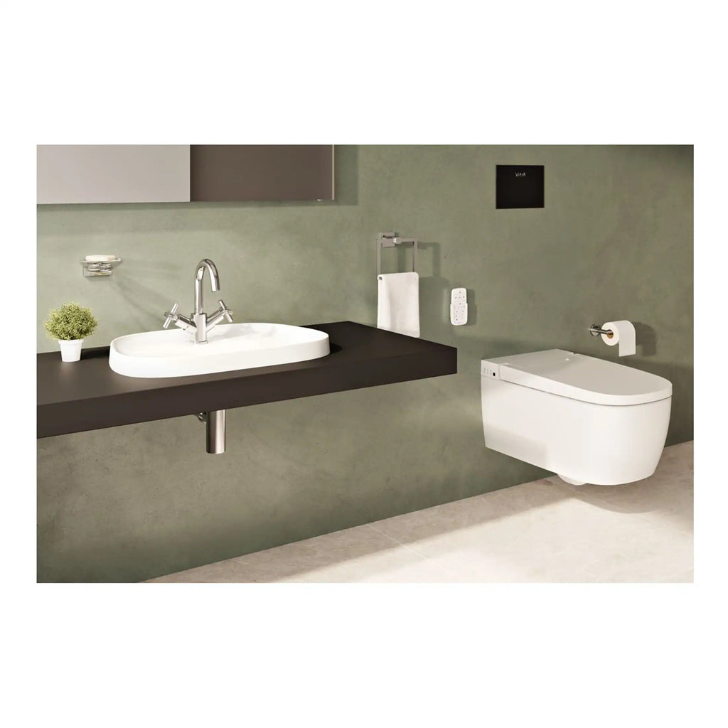 Sleek modern bathroom with a stylish wall-mounted toilet, contemporary basin, and minimalist fixtures, designed for upscale bathroom renovation and comfort.