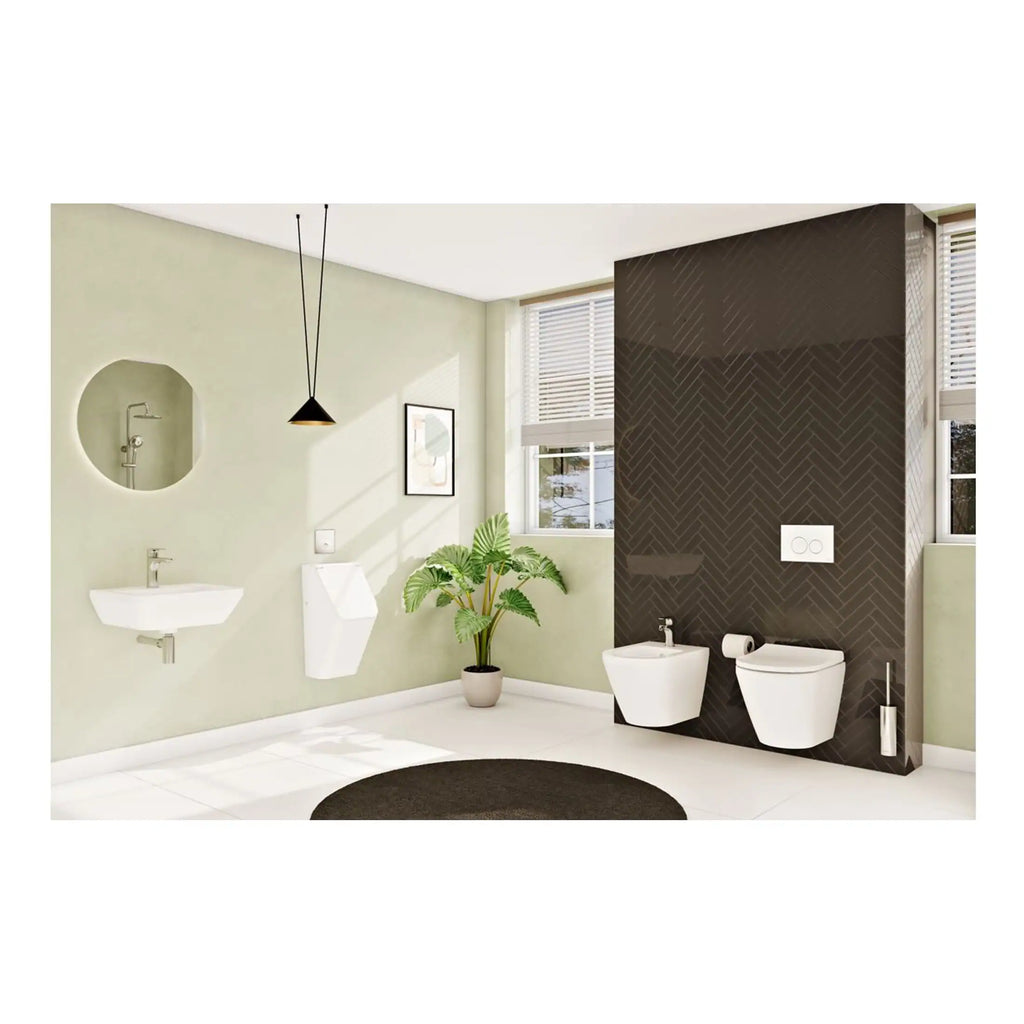Sleek modern bathroom design featuring wall-mounted toilets and bidet with dark herringbone tiled feature wall, minimalist sink, and contemporary accessories for a stylish, functional space.