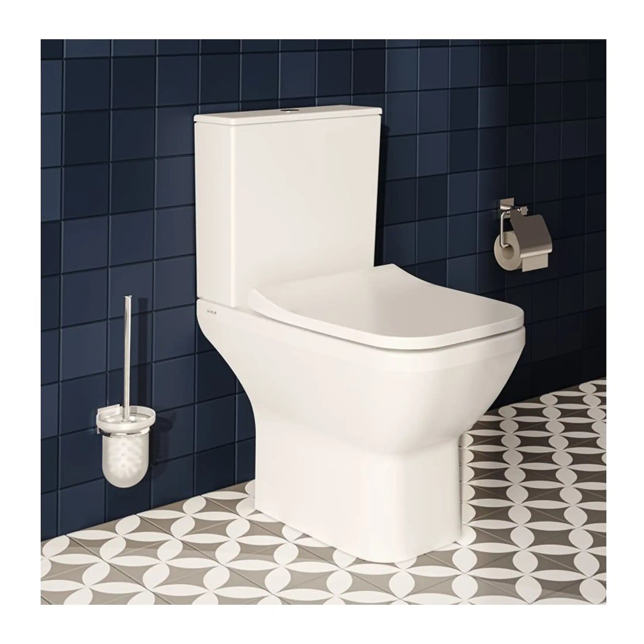 Toilet with modern design, white ceramic bathroom fixture by Bubly Bathrooms against navy blue tiled wall in contemporary bathroom.
