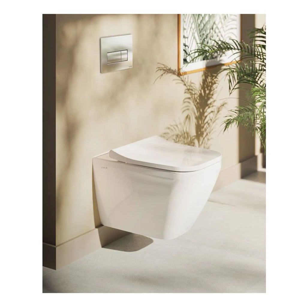 Contemporary wall-mounted toilet with sleek design and concealed cistern, ideal for modern bathrooms and optimise space. Perfect for minimalist bathroom aesthetics with a clean, elegant look.