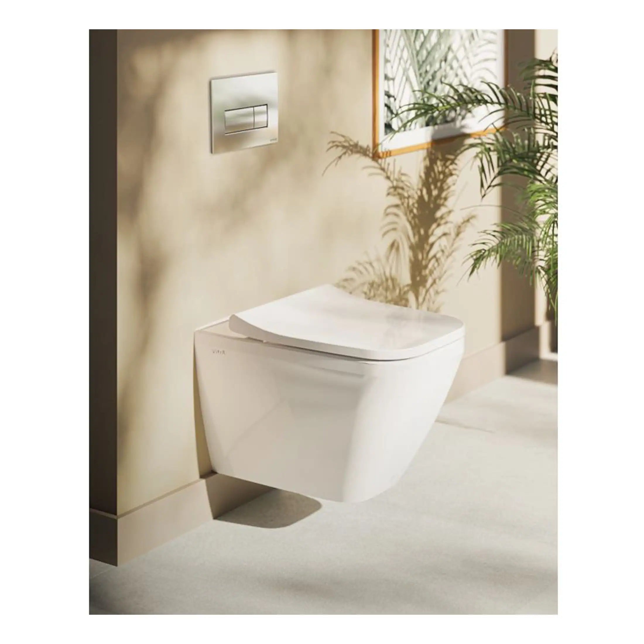 Contemporary wall-mounted toilet with sleek design and concealed cistern, ideal for modern bathrooms and optimise space. Perfect for minimalist bathroom aesthetics with a clean, elegant look.