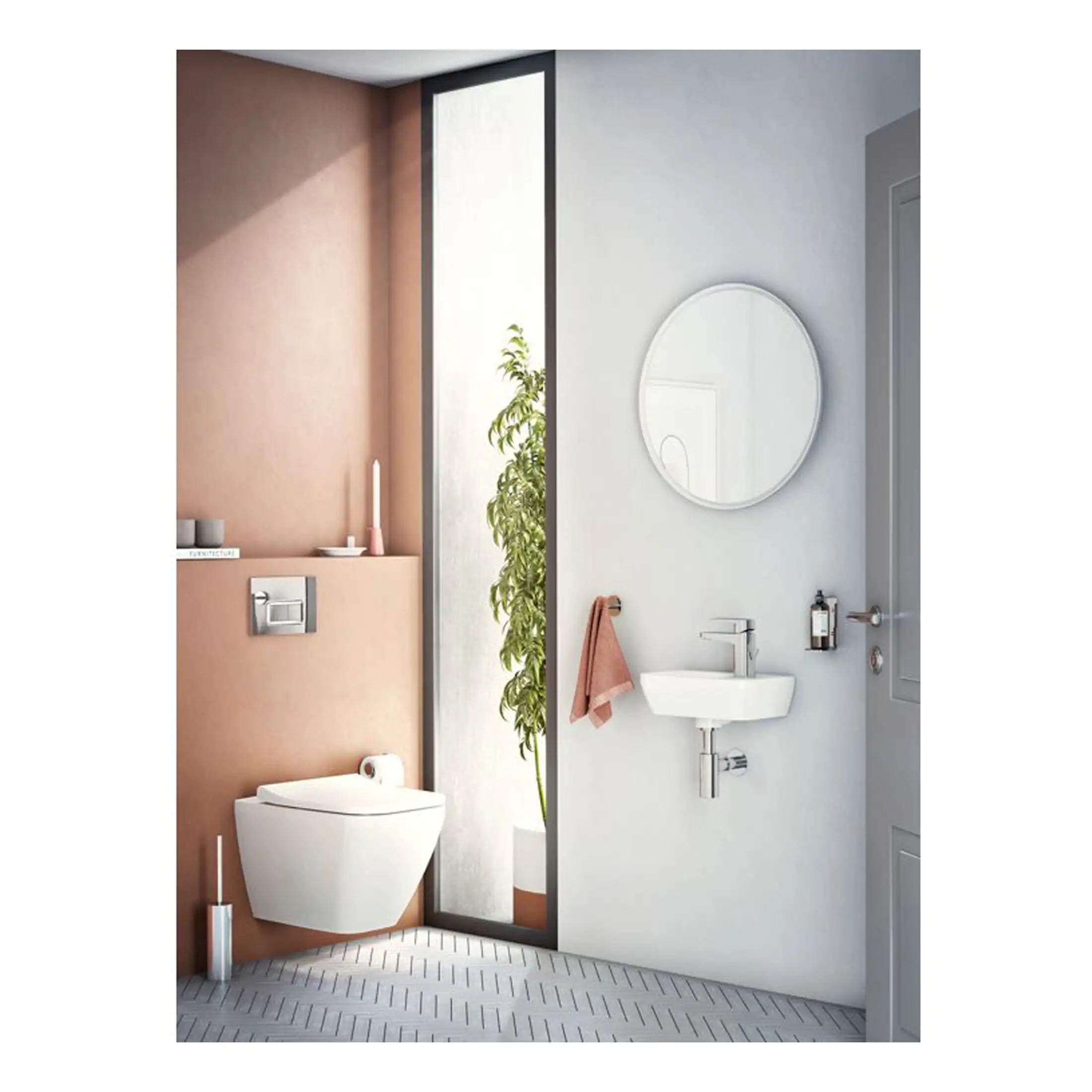 Contemporary bathroom with modern wall-mounted toilet, small sink, round mirror, and minimalist accessories, featuring a colour contrast between warm terracotta and cool grey tones, ideal for stylish bathroom design.