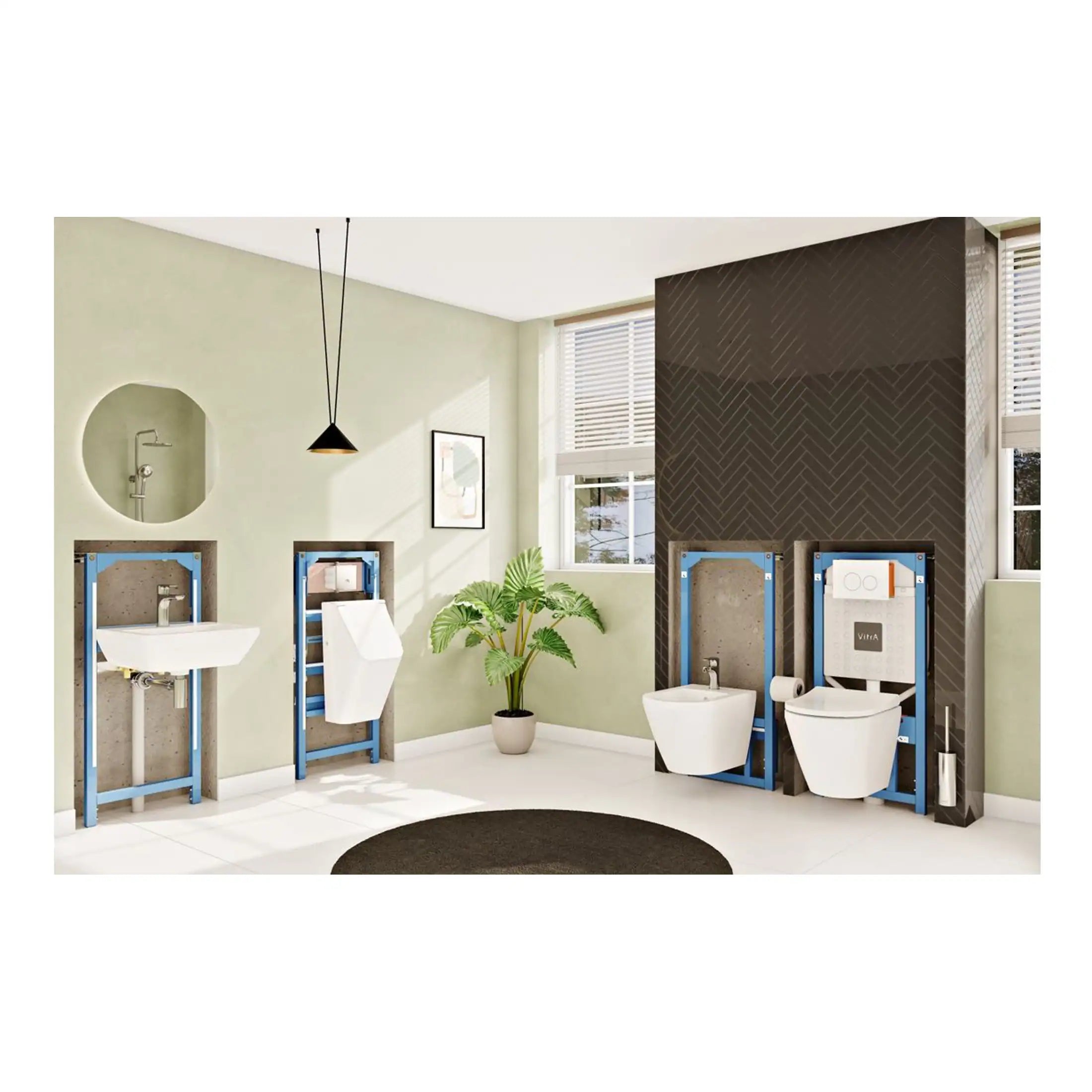 Adjustable bathroom installation frames with wall-mounted toilet and sink setups for modern BUBLY bathrooms, showcasing plumbing fixtures, wall tiles, and contemporary design elements.