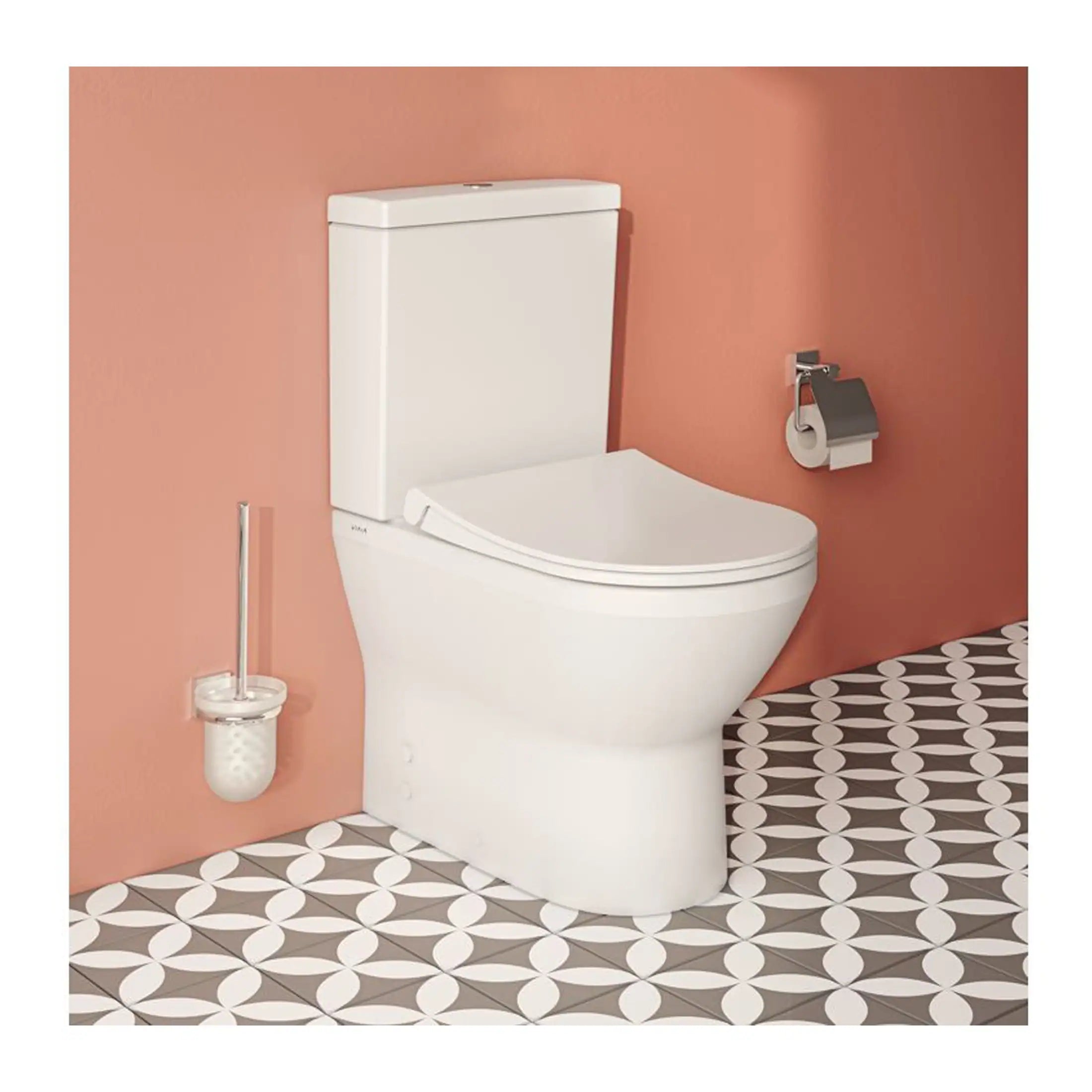 Toilet with bidet seat and modern bathroom accessories in a stylish space with patterned floor tiles and a warm-toned wall, showcasing contemporary bathroom design and hygiene solutions.
