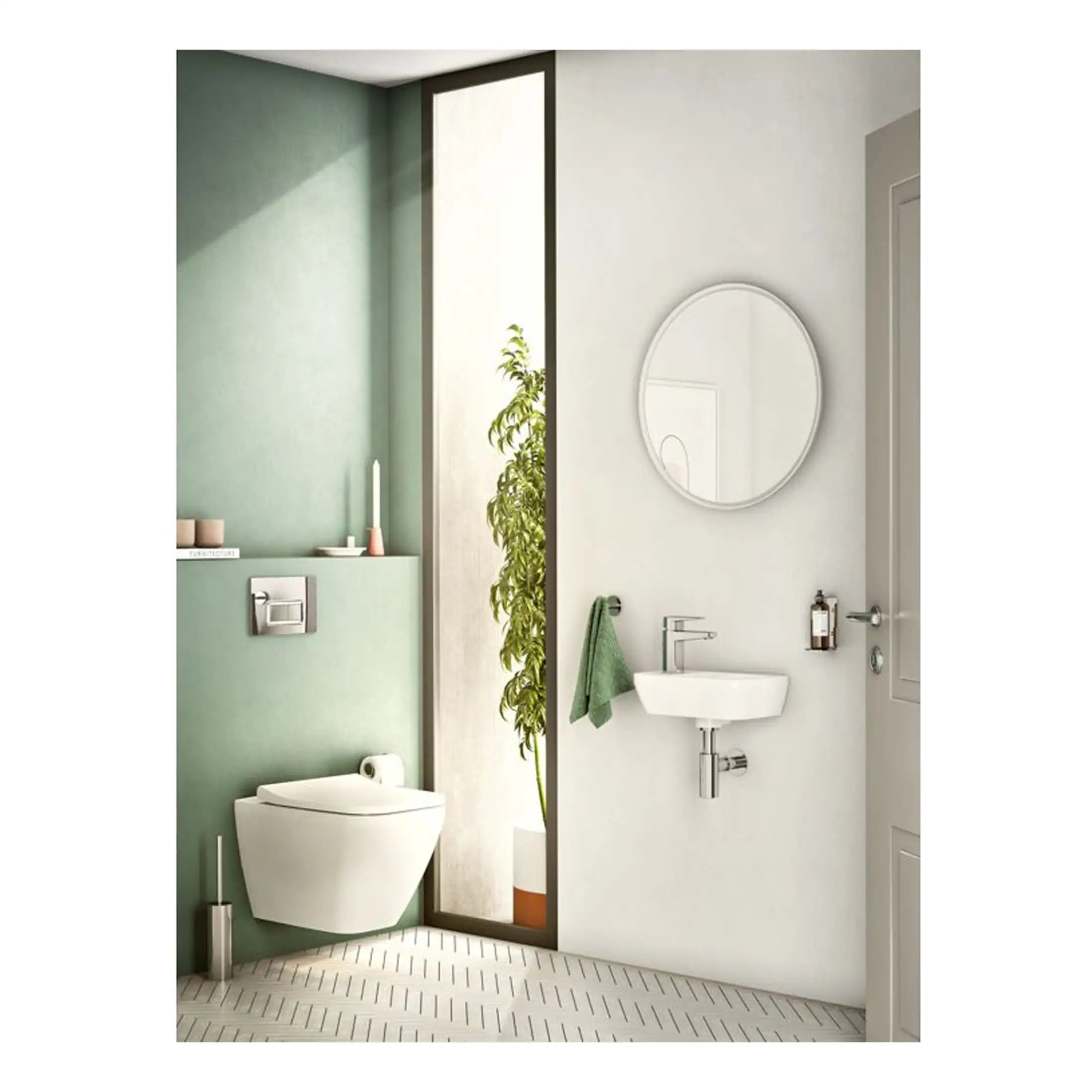 Modern minimalist bathroom featuring a wall-mounted toilet, a small wall sink, round mirror, and a walk-in shower with glass divider, designed with clean lines and neutral tones for a sleek, functional space.