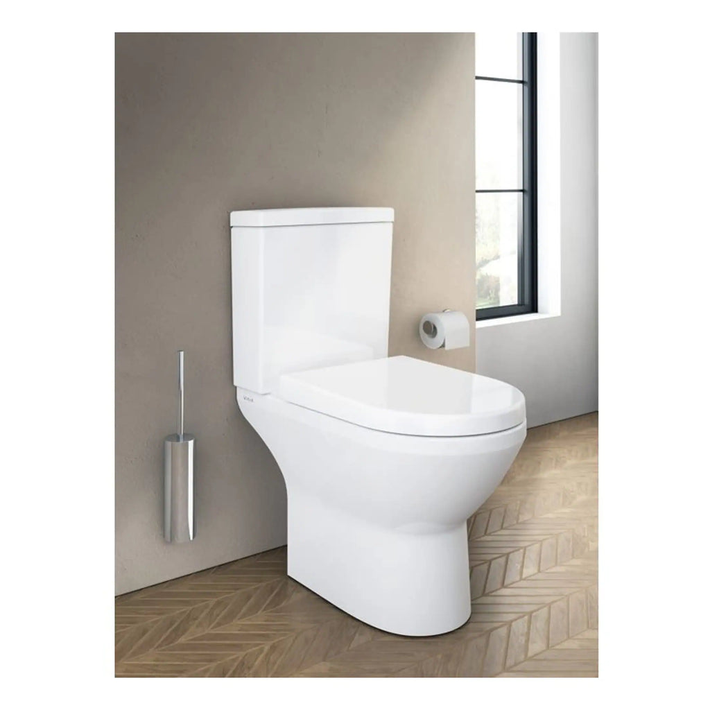 Sleek white modern toilet with a soft-close lid, bidet function, and efficient water saving technology, ideal for contemporary bathrooms.