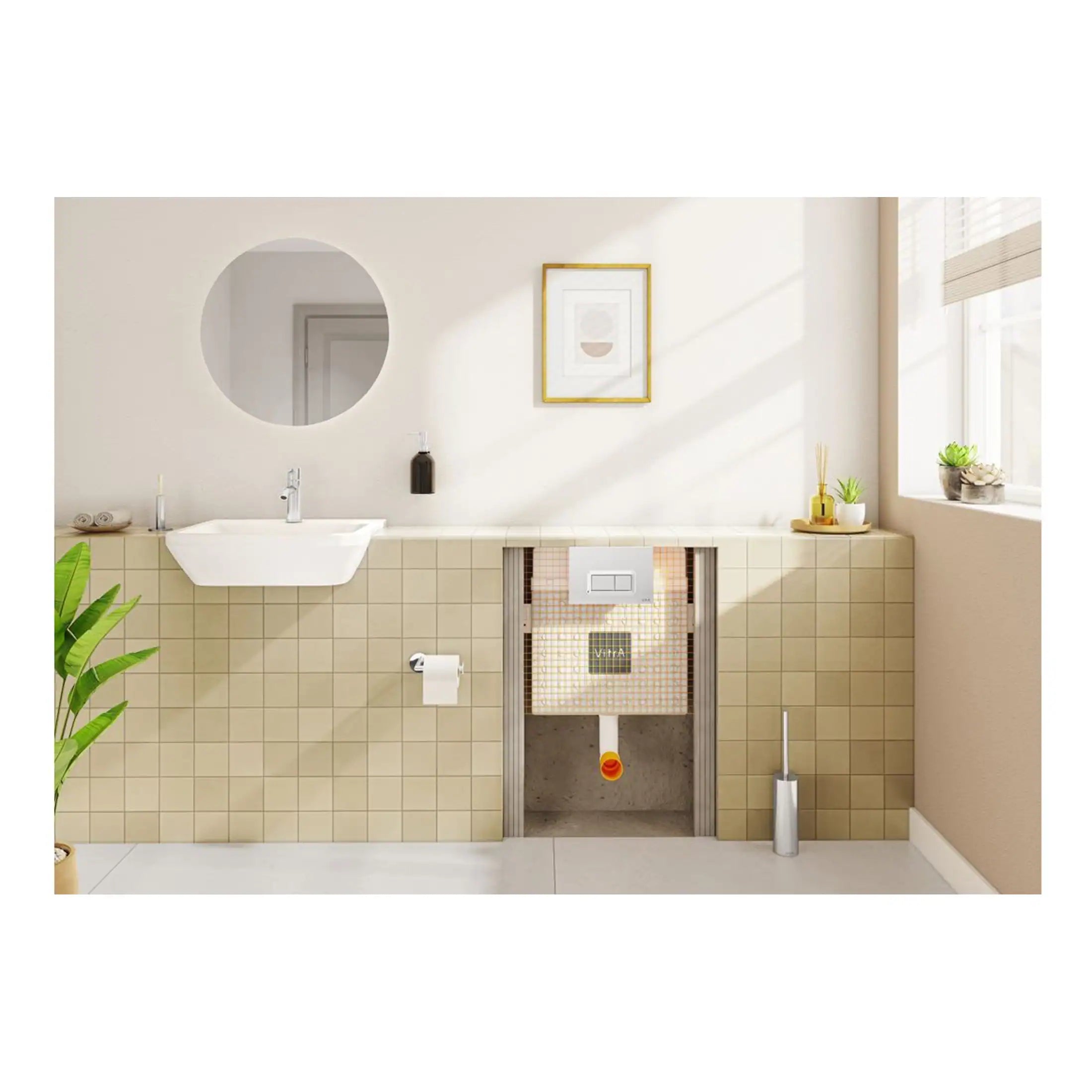 Modern bathroom with Bubly bathroom waste holder, wall-mounted sink, round mirror, and decorative plants, featuring a clean, minimalist design and natural lighting for a stylish and functional space.